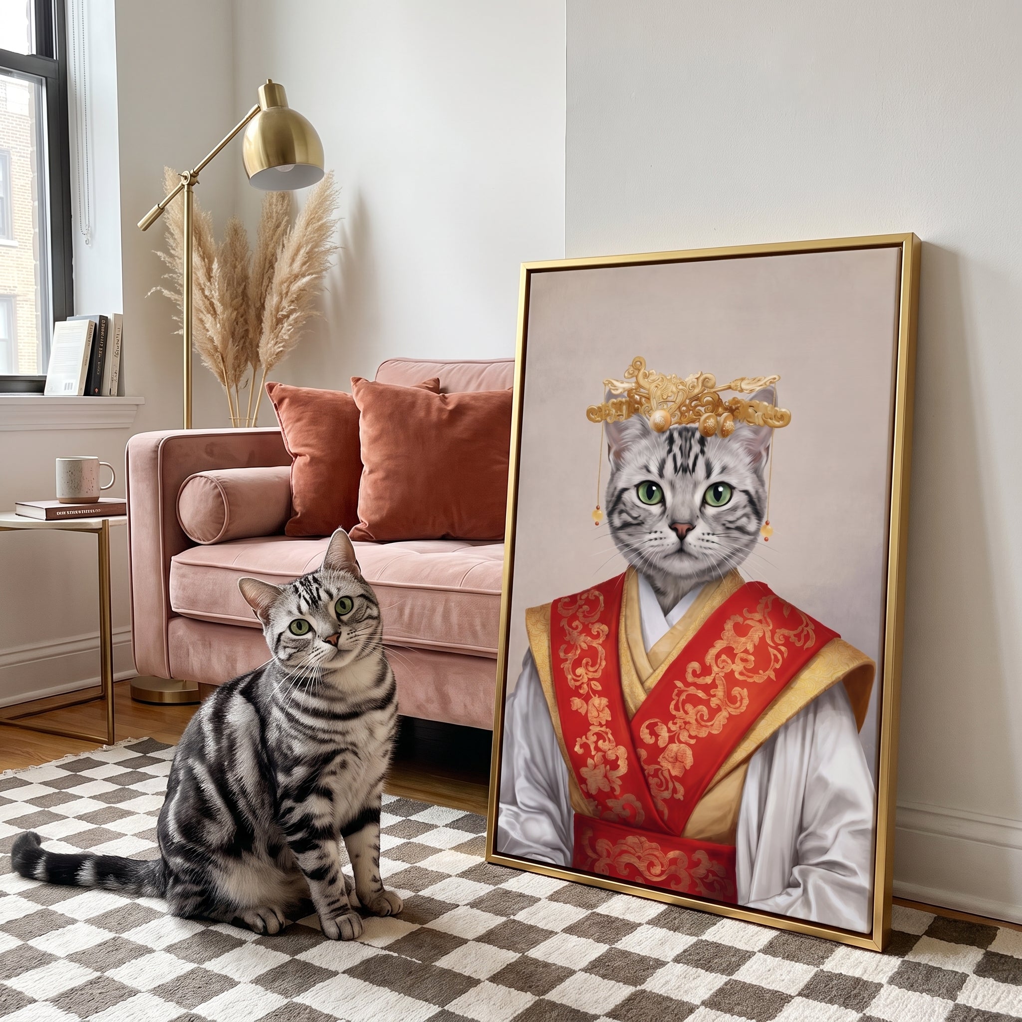 Silver tabby cat next to its The Asian Empress custom pet canvas
