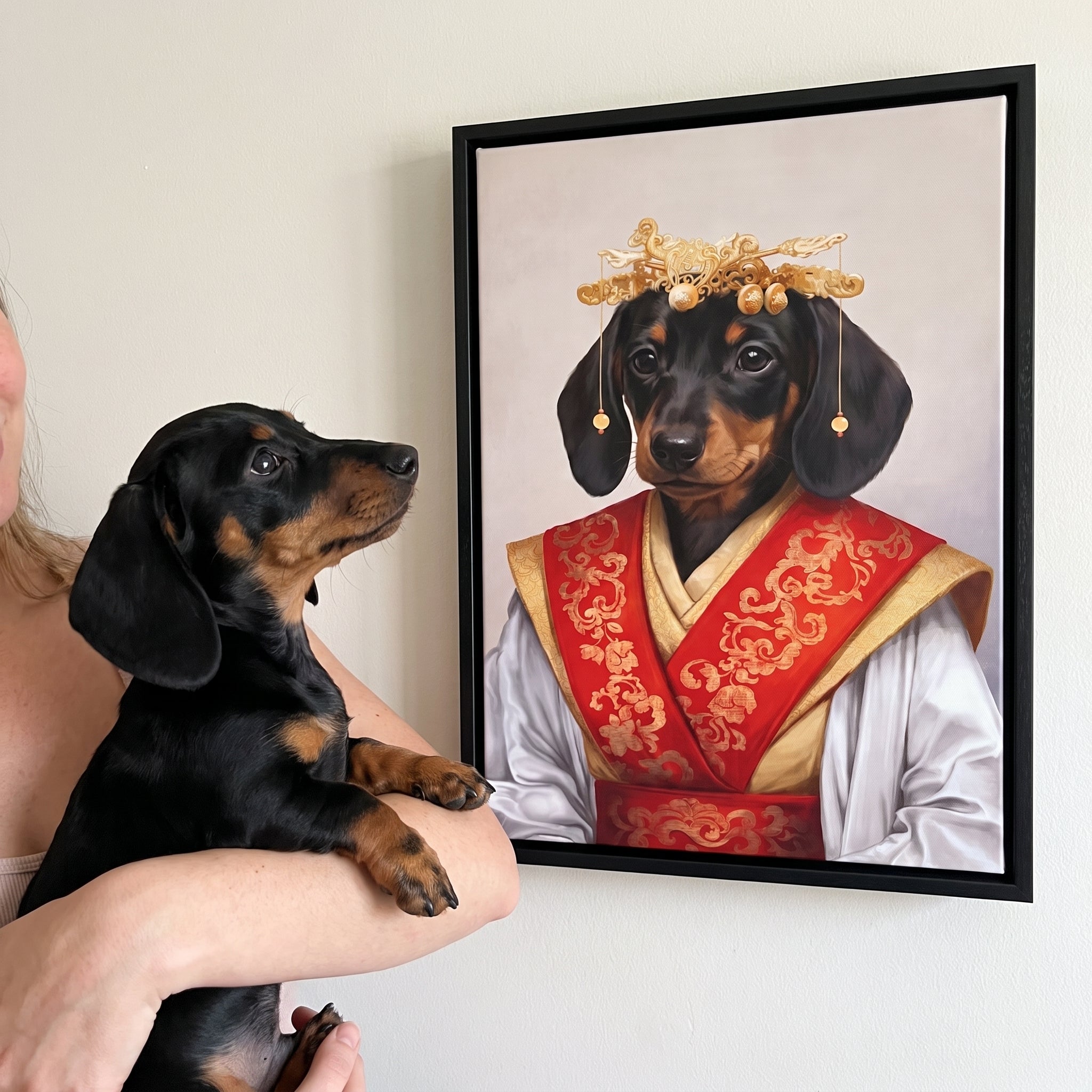 Miniature dachshund next to its The Asian Empress custom pet canvas