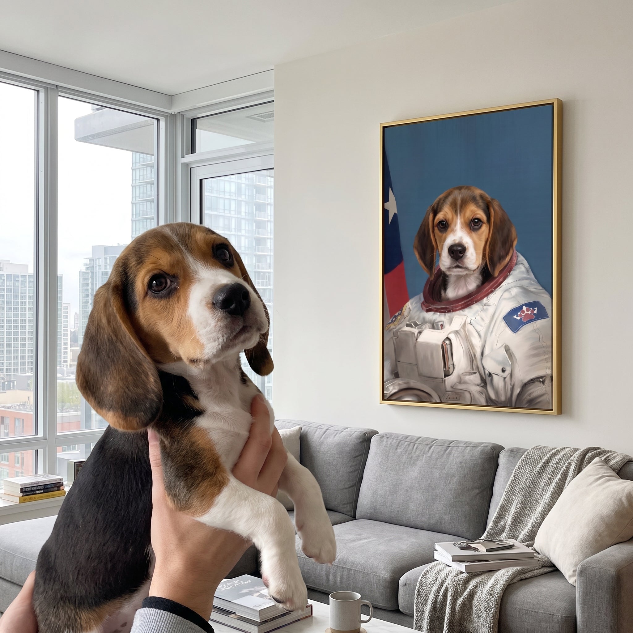 Beagle next to its The Astronaut custom pet canvas