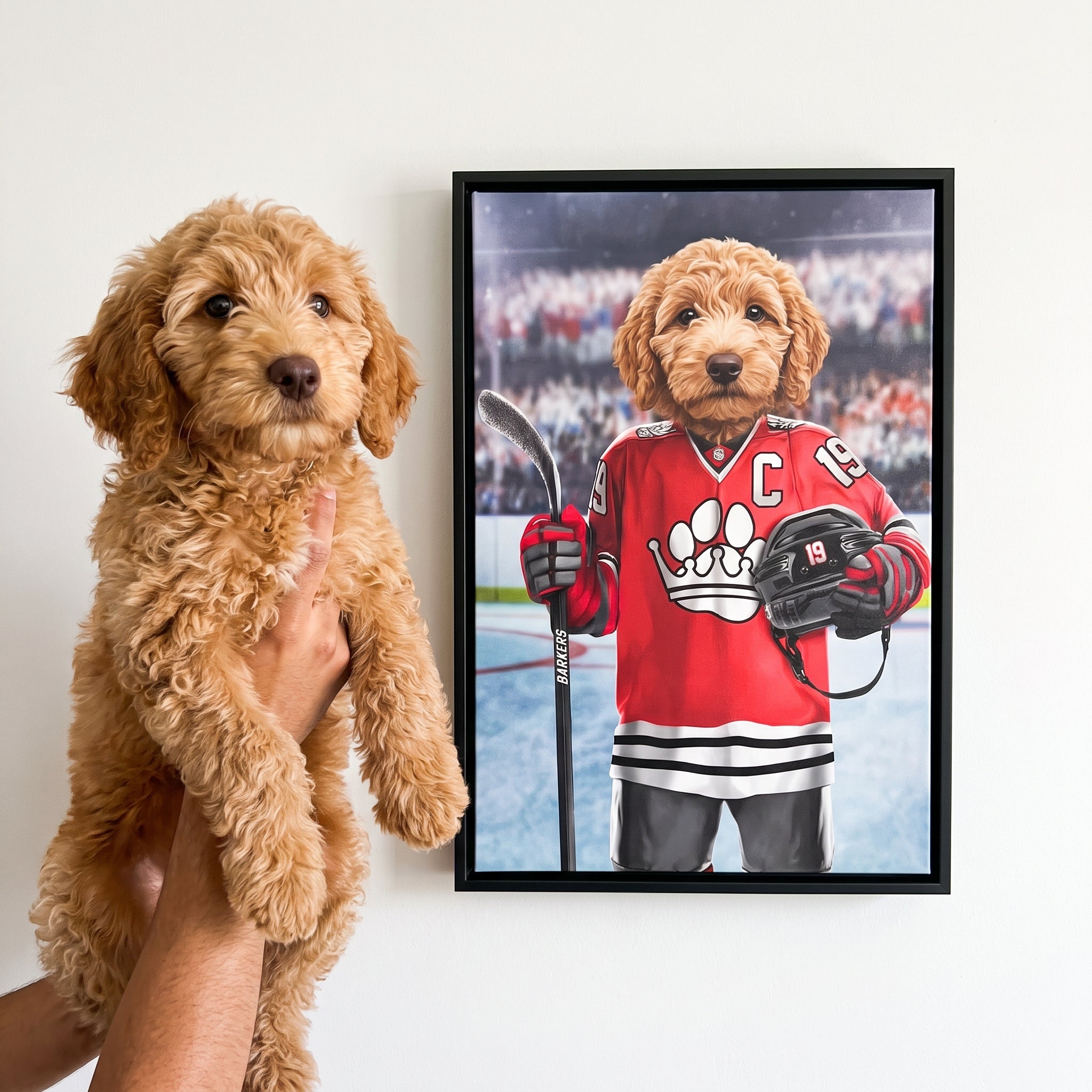 Goldendoodle next to its The Barkers custom pet canvas