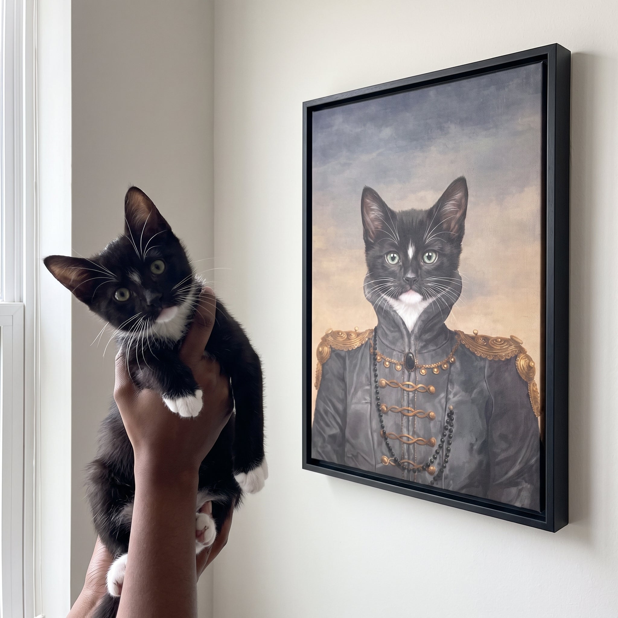 Tuxedo cat next to its The Baroness custom pet canvas