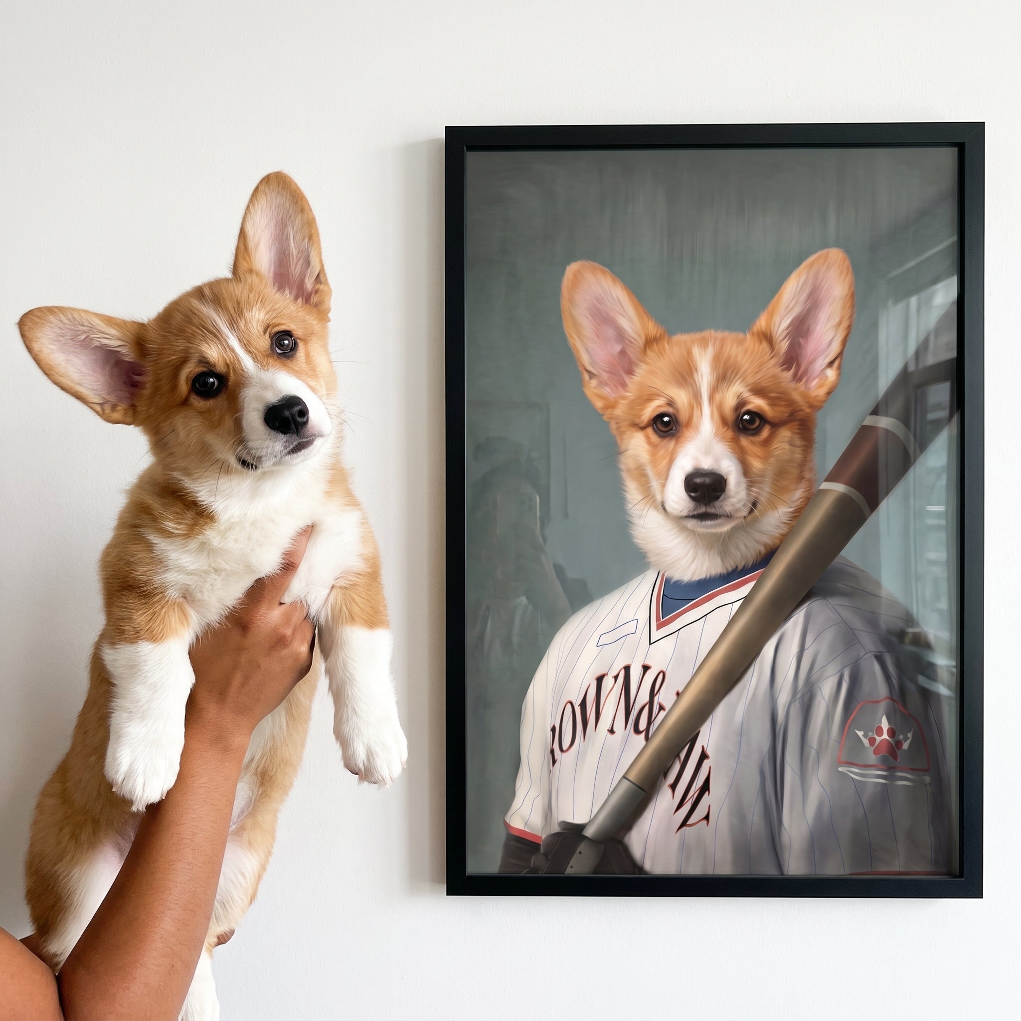 Pembroke welsh corgi next to its The Baseball Player custom pet poster