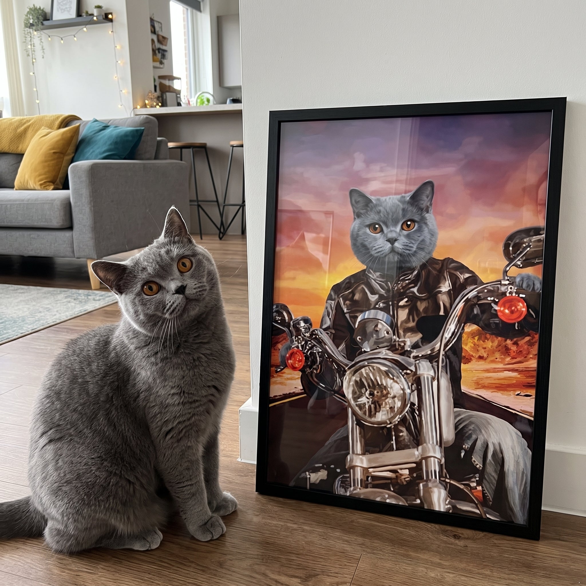 Grey british shorthair cat next to its The Biker custom pet poster