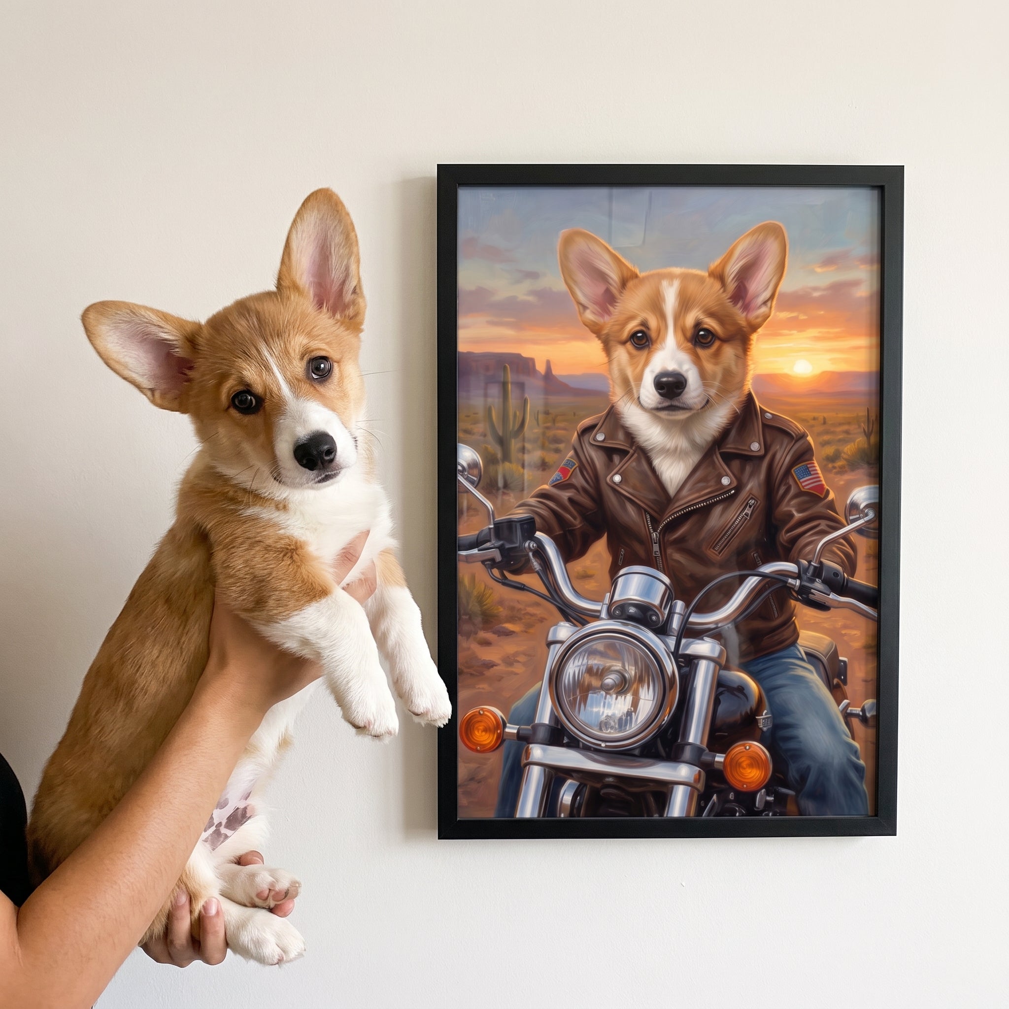 Pembroke welsh corgi next to its The Biker custom pet poster