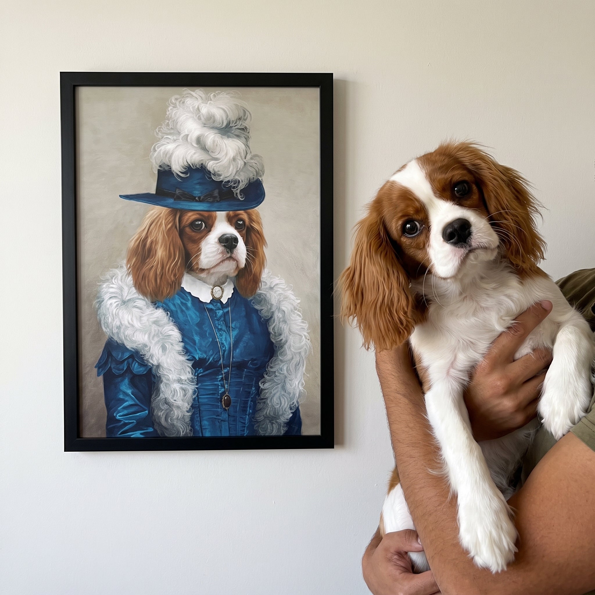 Cavalier king charles spaniel next to its The Boa Lady custom pet poster