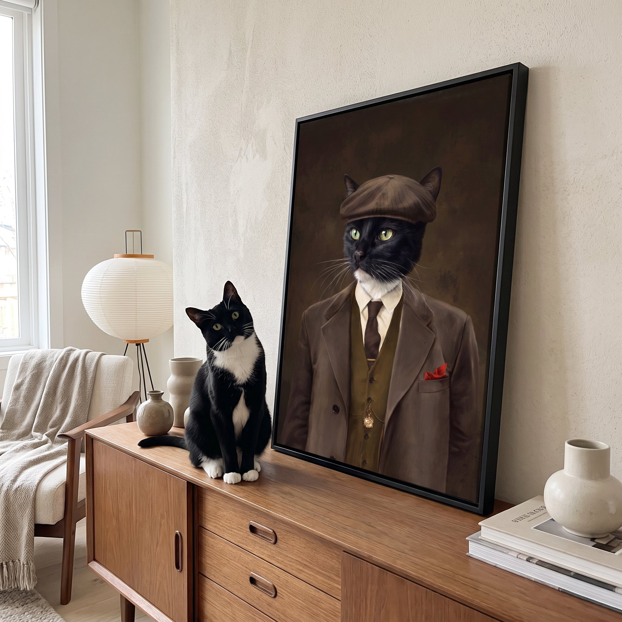 Tuxedo cat next to its The British Gangster custom pet canvas