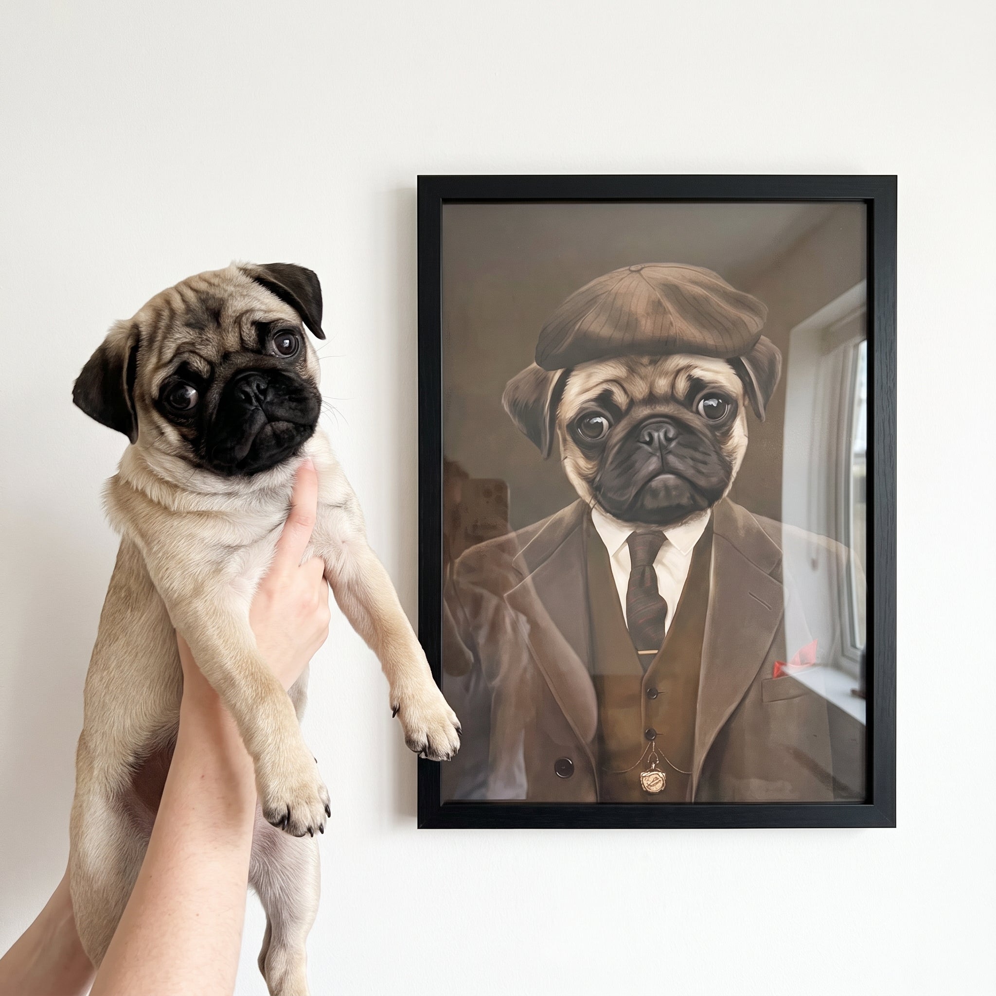 Pug next to its The British Gangster custom pet poster