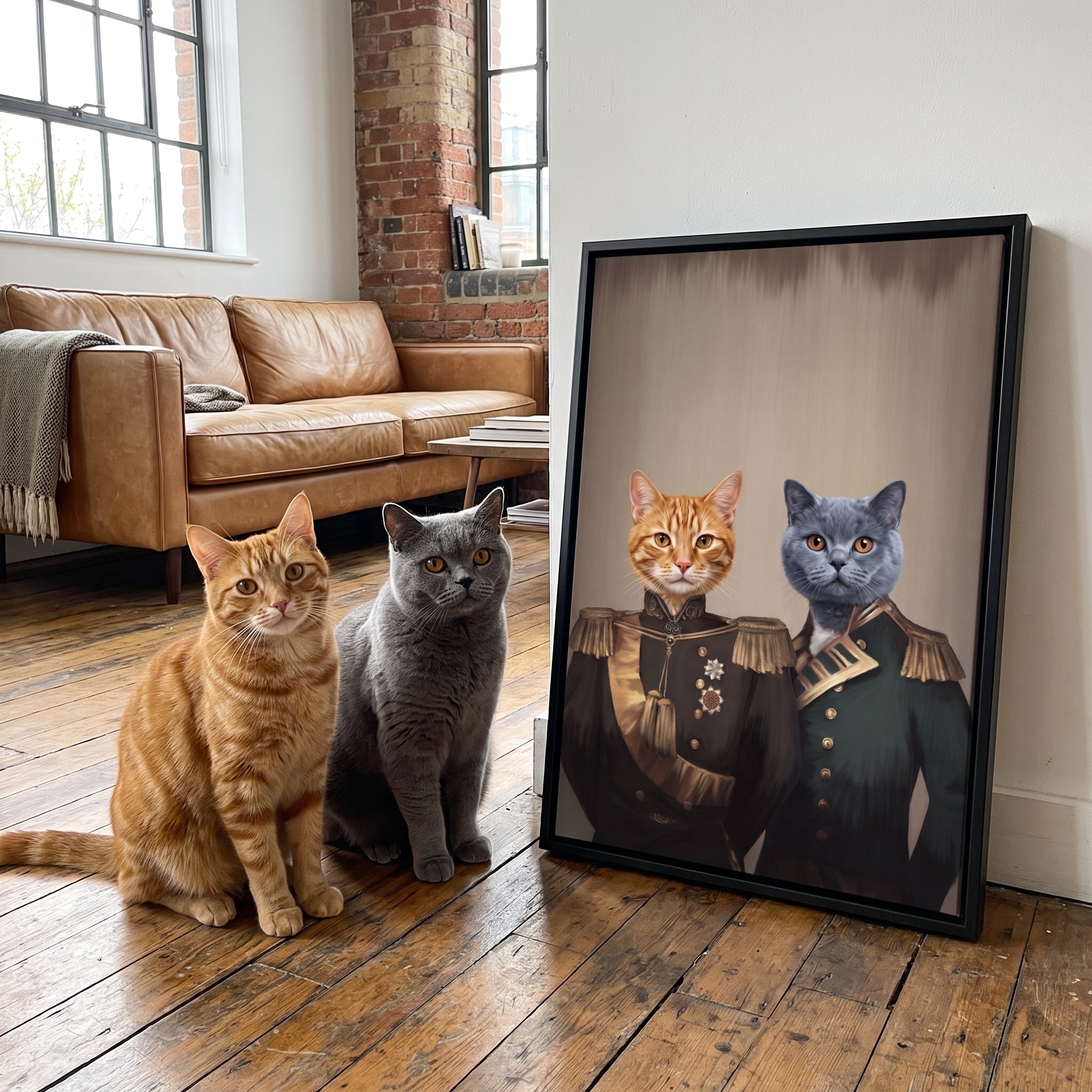 Ginger tabby cat and grey british  next to its The Brothers In Arms custom pet canvas