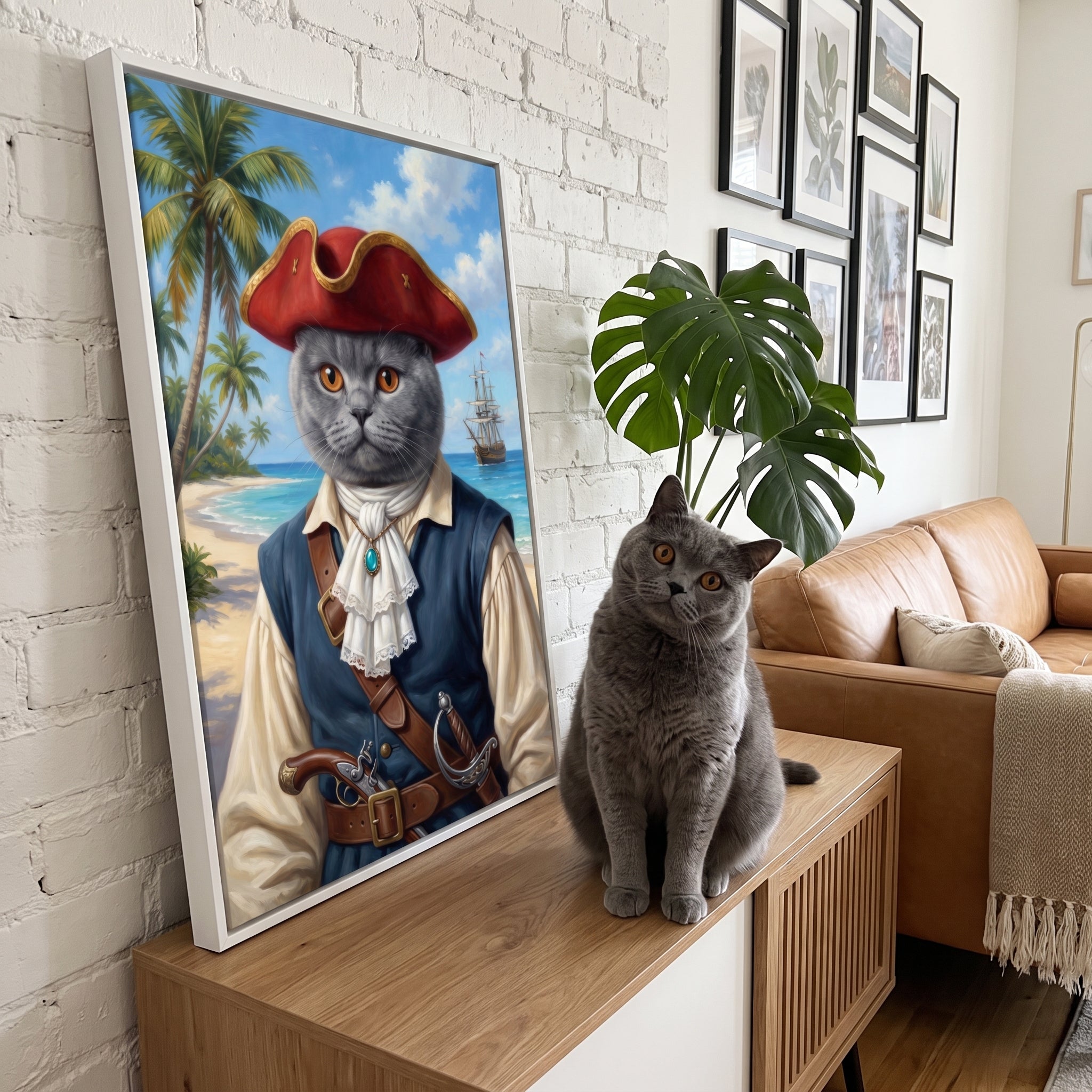 Grey british shorthair cat next to its The Buccaneer custom pet canvas