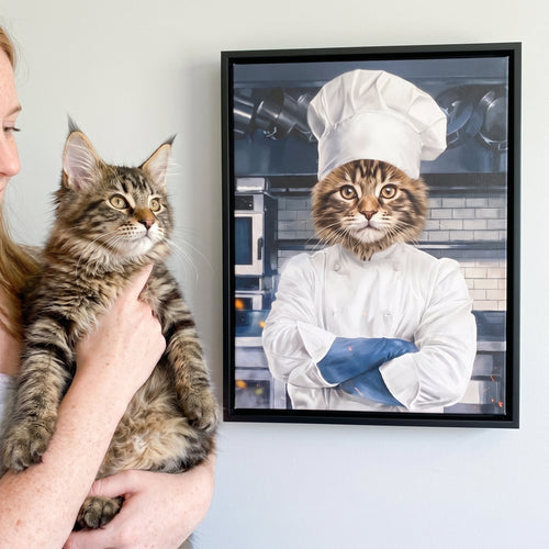 Fluffy maine coon cat next to its The Chef custom pet canvas