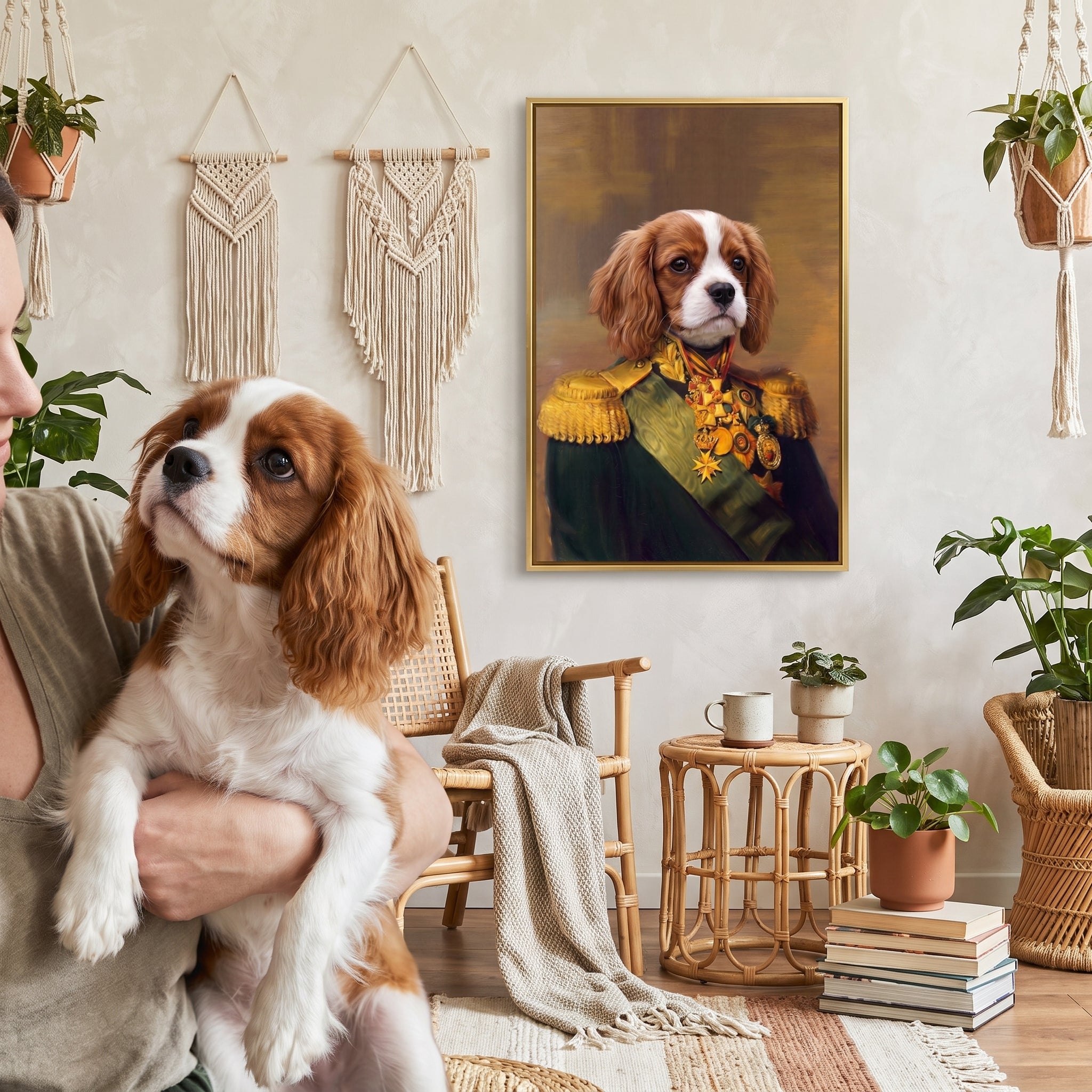 Cavalier king charles spaniel next to its The Colonel custom pet canvas