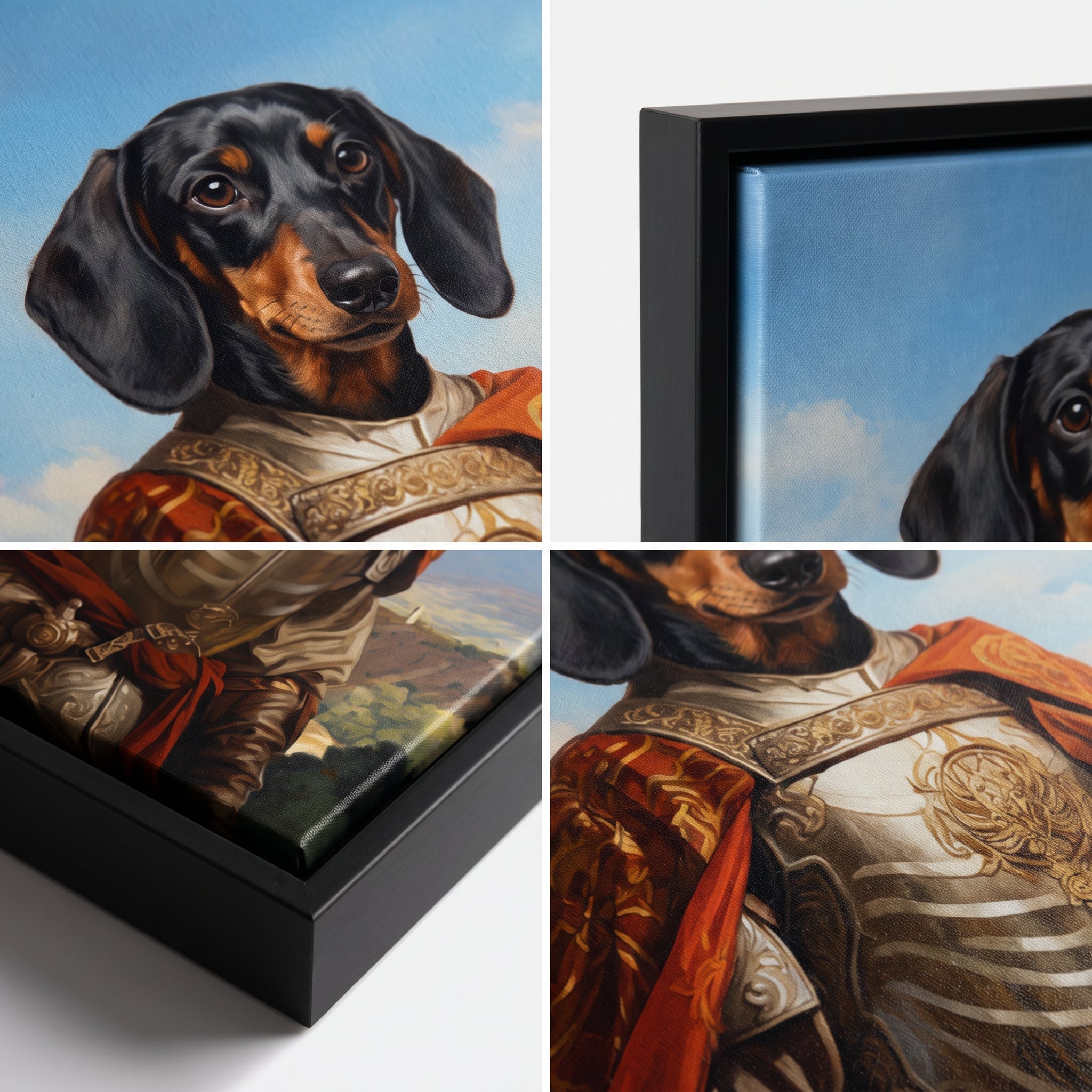 Close-up details of The Conquistador custom pet canvas