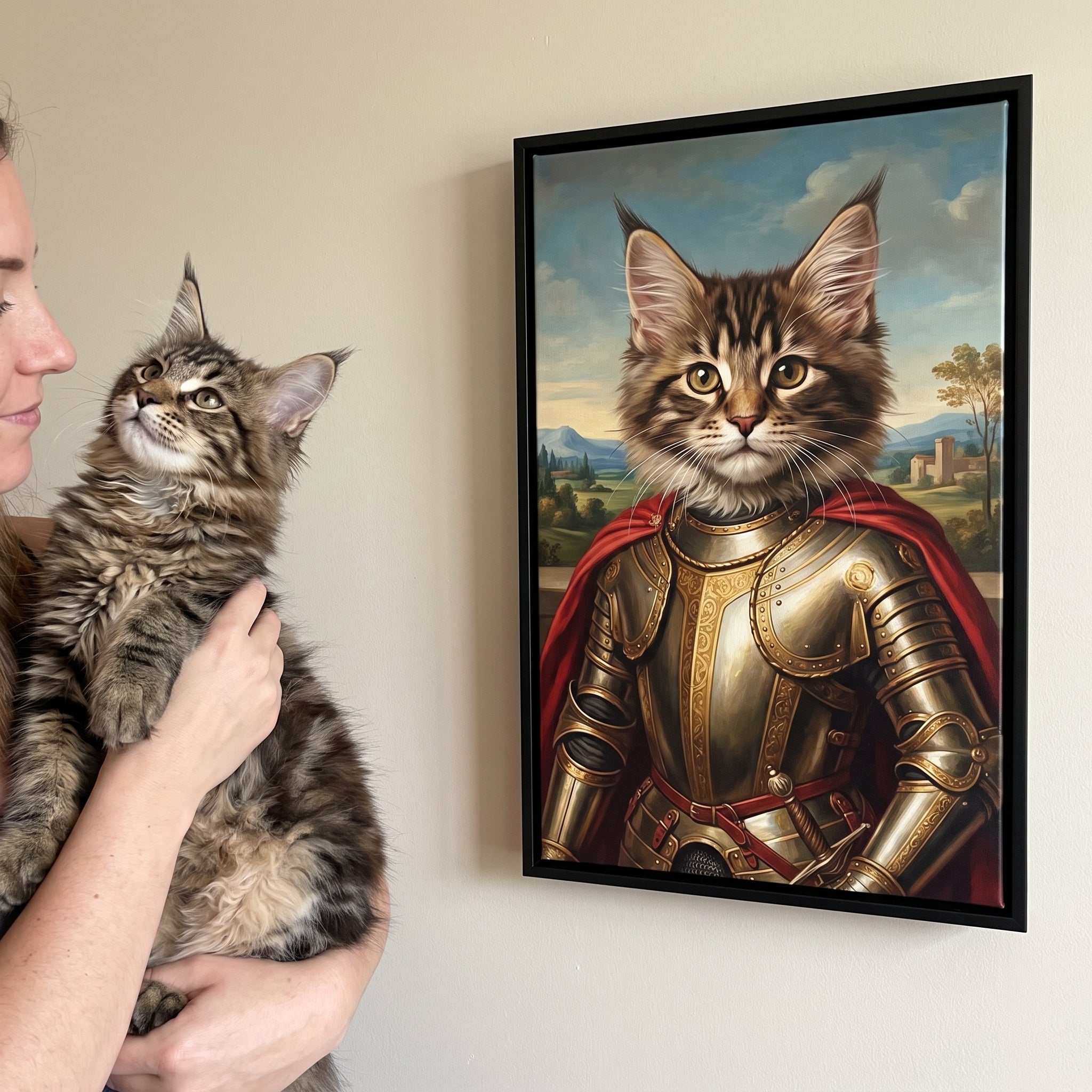 Fluffy maine coon cat next to its The Conquistador custom pet canvas