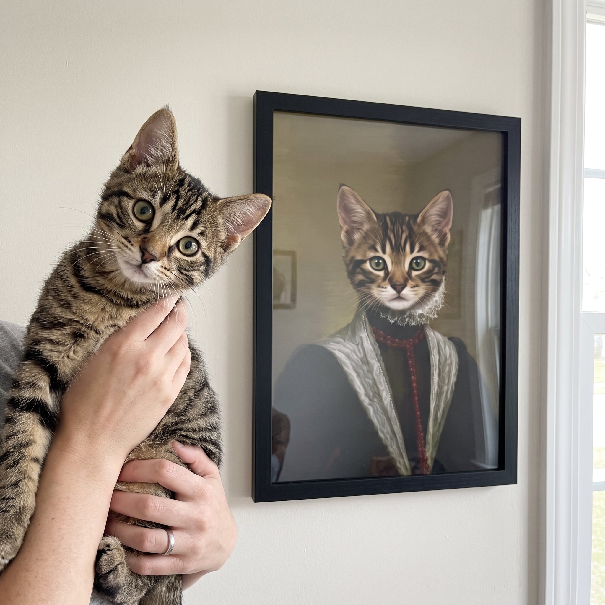 Brown tabby cat next to its The Countess custom pet poster