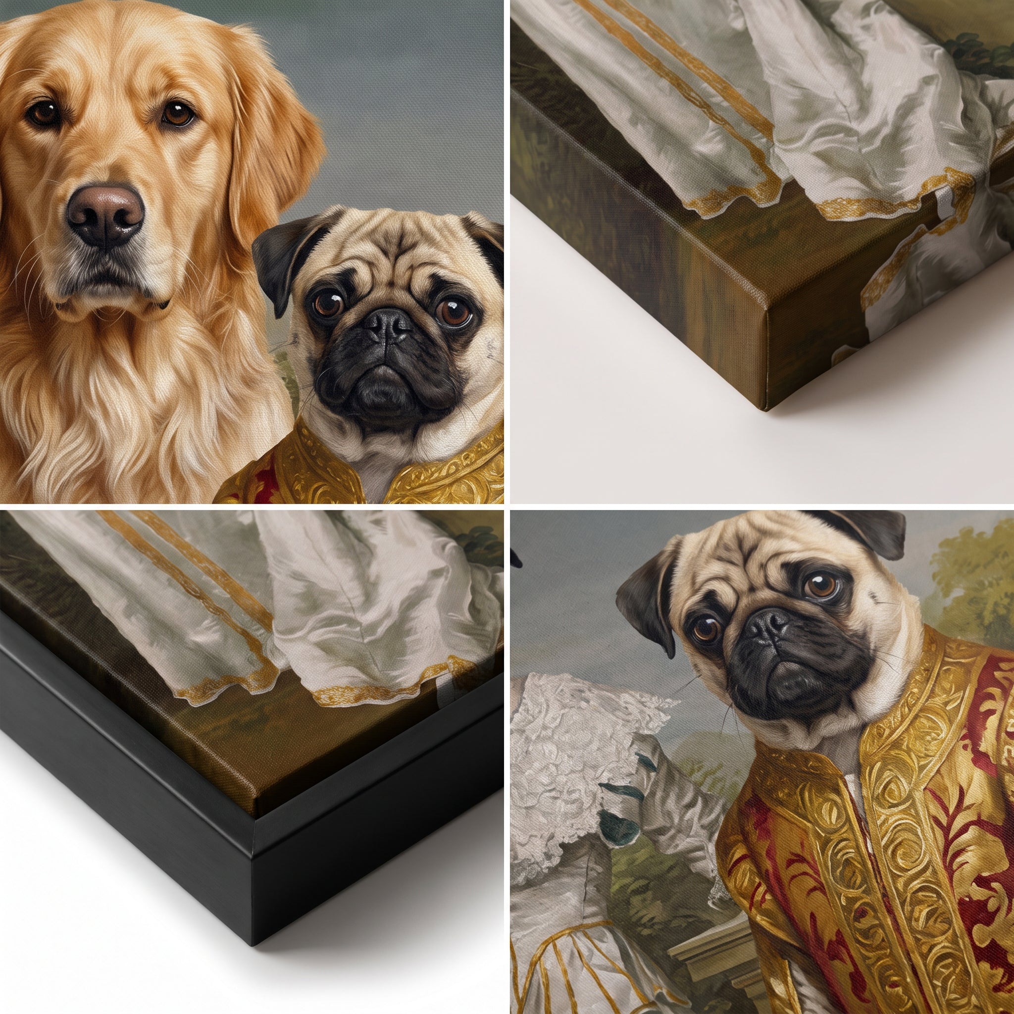 Close-up details of The Courtly Couple custom pet canvas