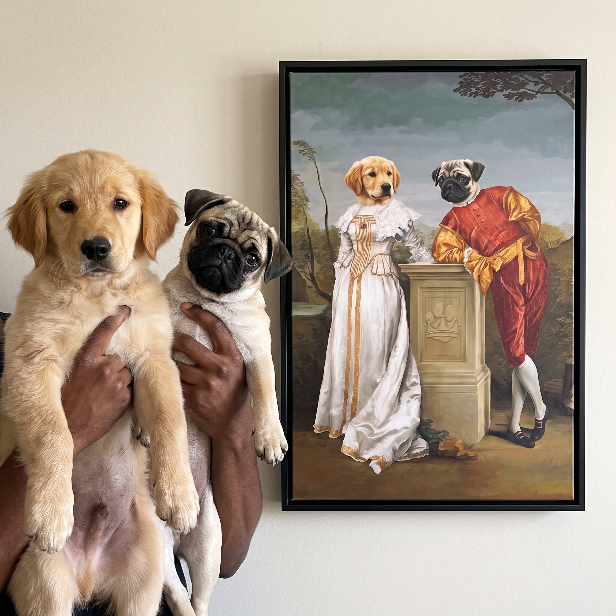 Golden retriever and pug next to its The Courtly Couple custom pet canvas