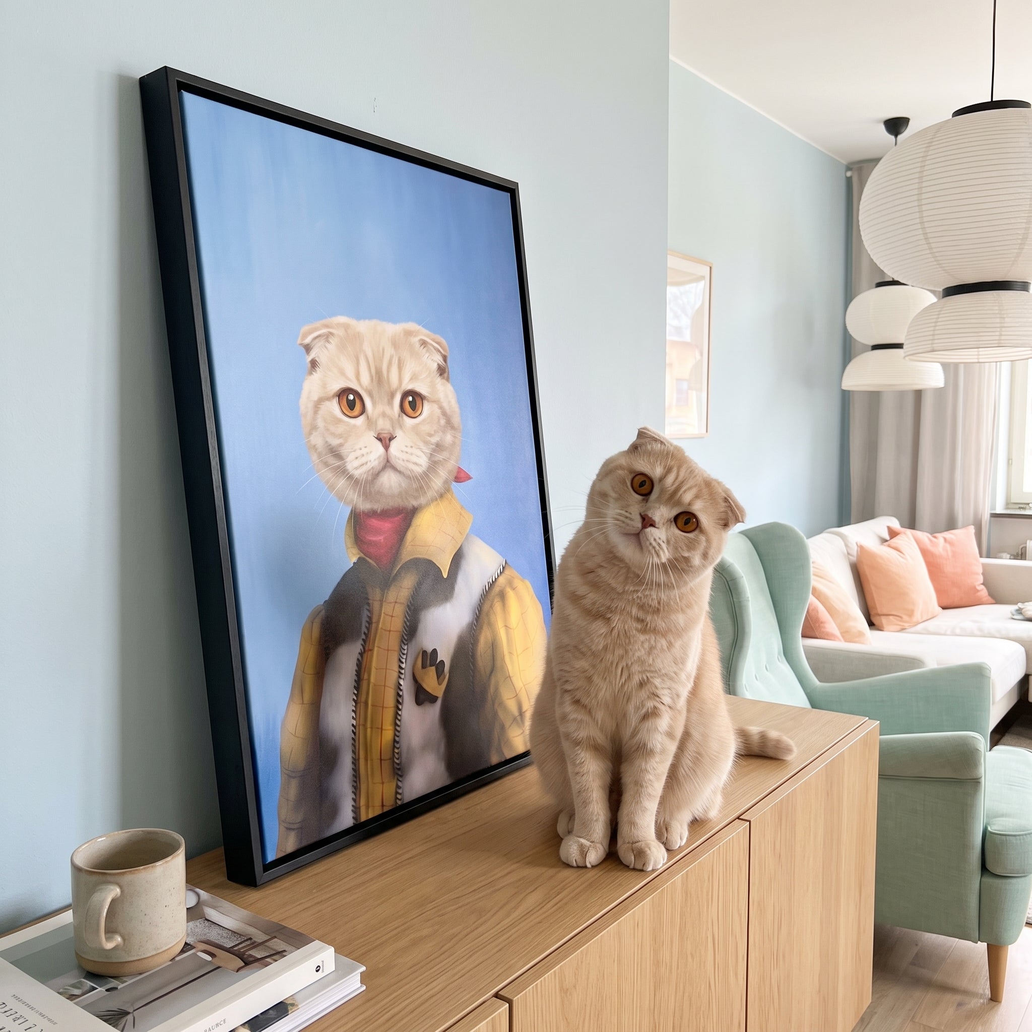 Scottish fold cat next to its The Cowboy custom pet canvas