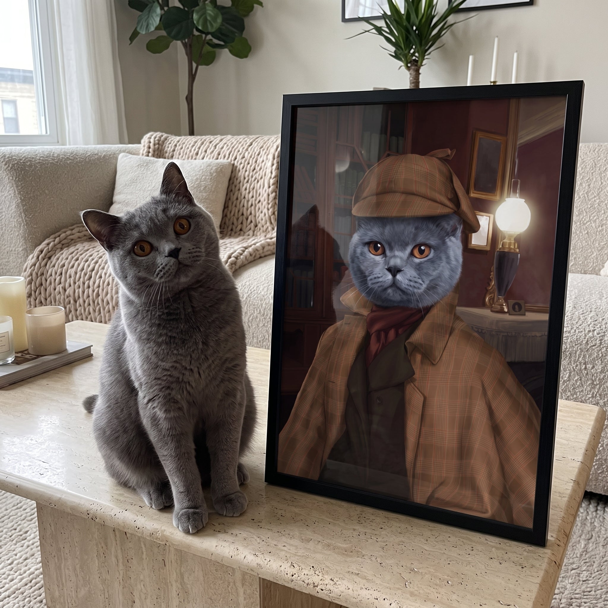 Grey british shorthair cat next to its The Detective custom pet poster