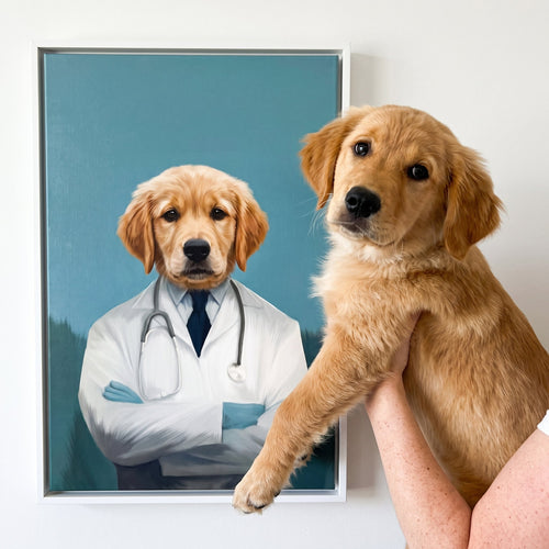 Golden retriever next to its The Doctor custom pet canvas