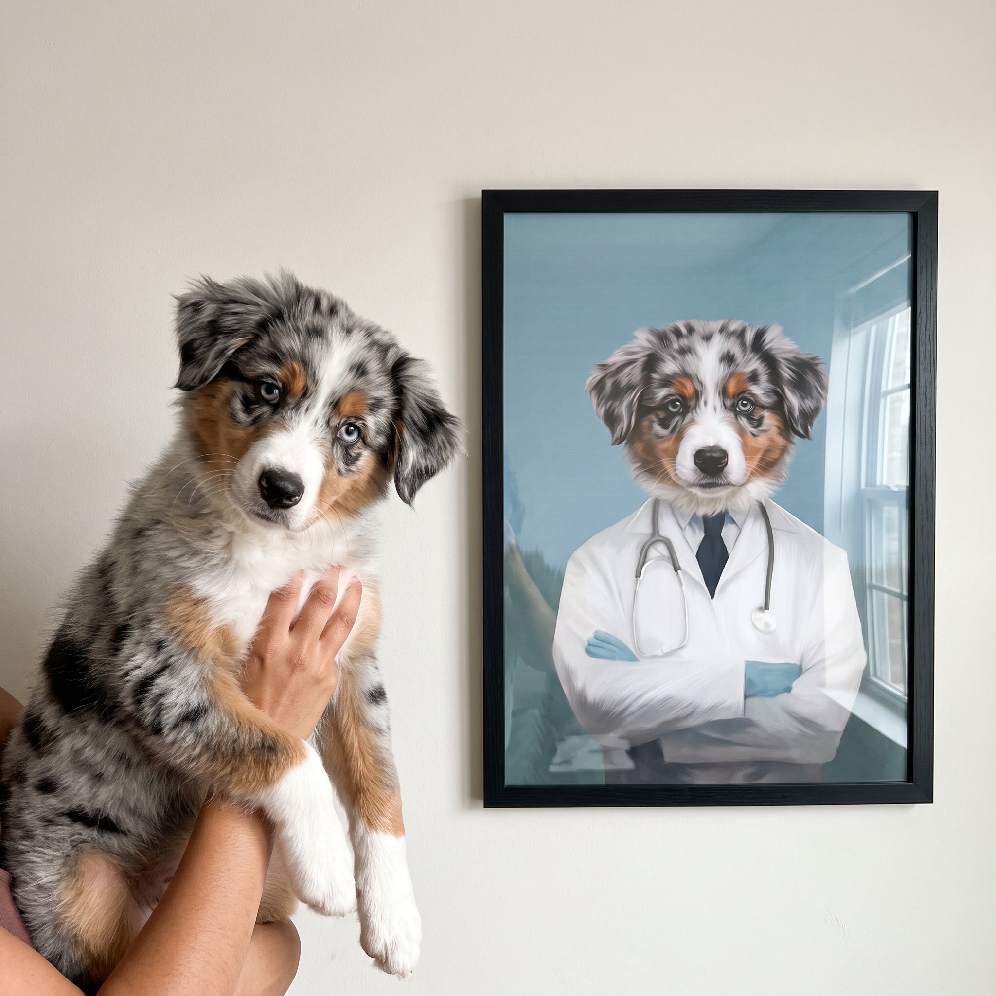 Blue merle australian shepherd next to its The Doctor custom pet poster