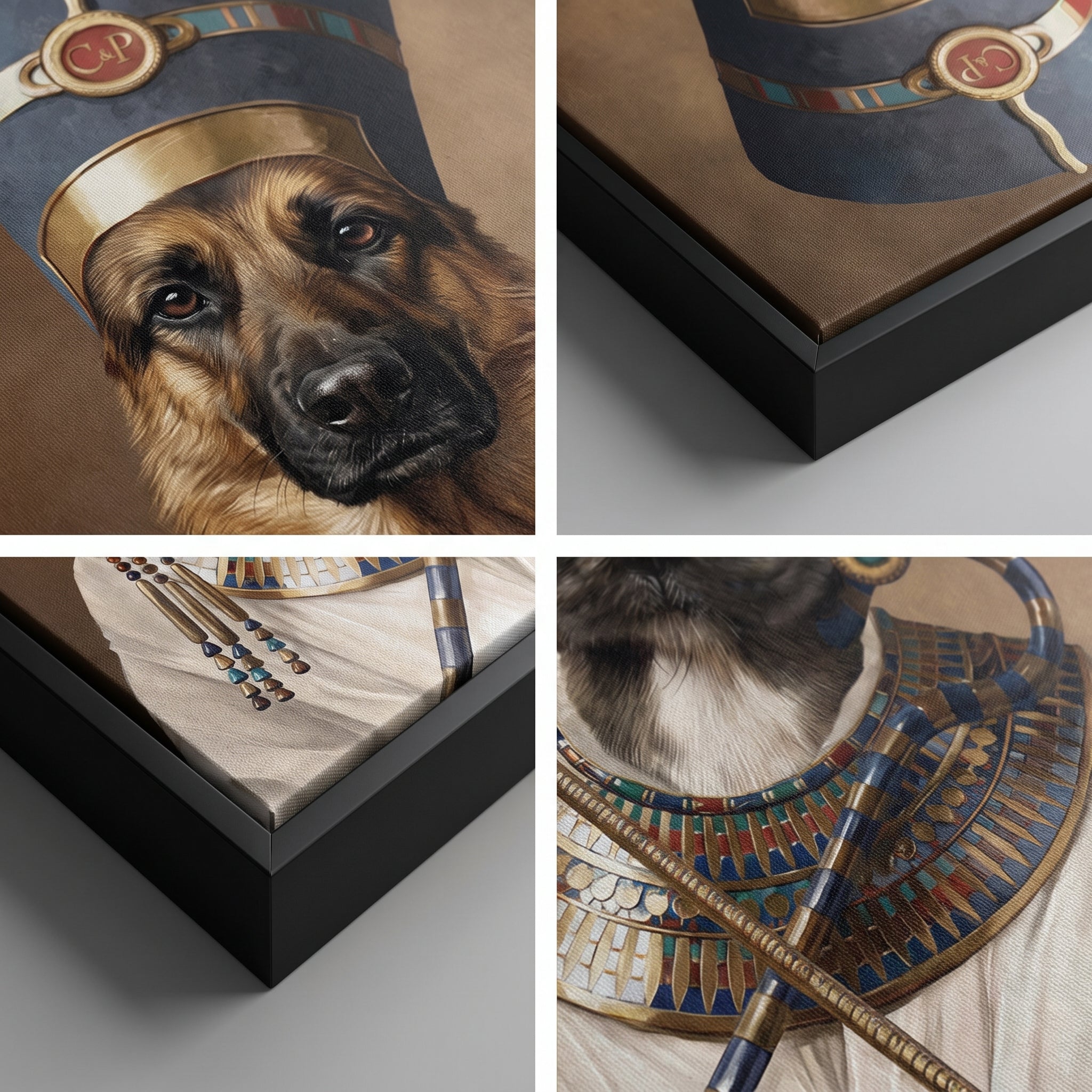 Close-up details of The Egyptian Queen custom pet canvas