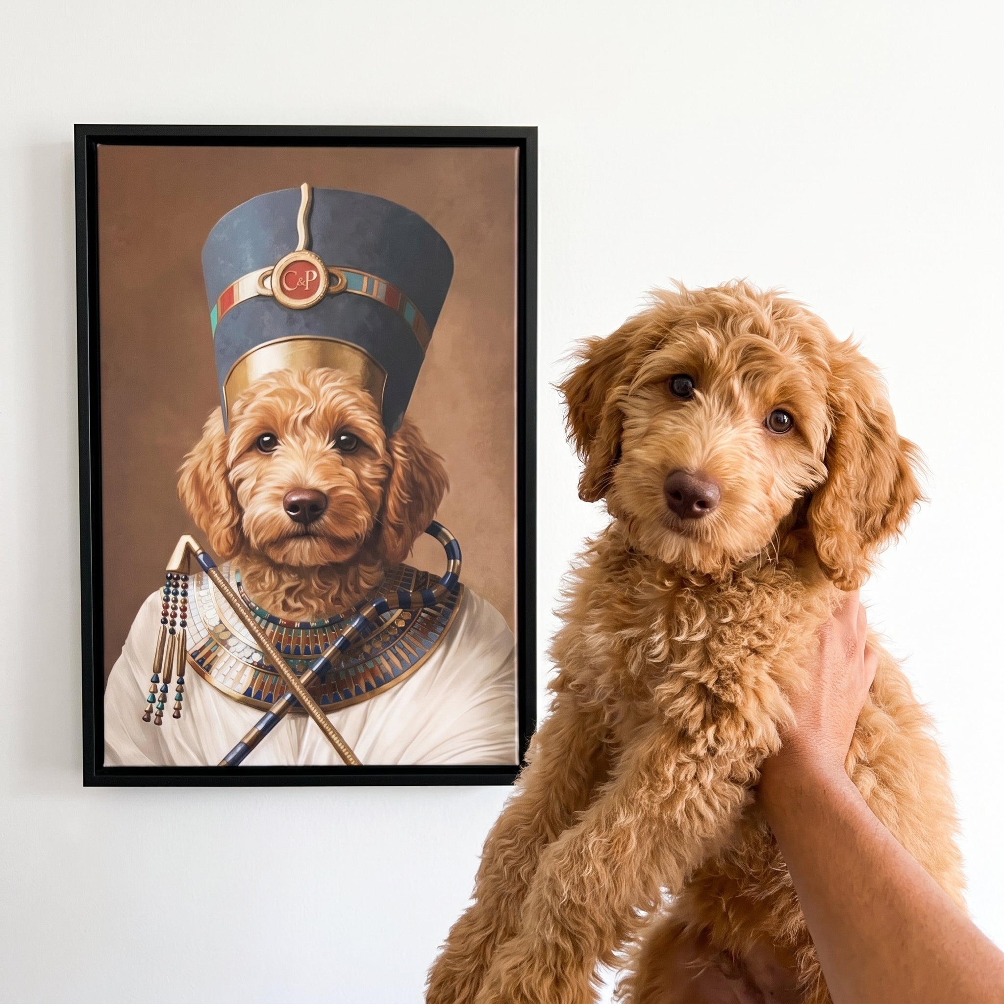 Goldendoodle next to its The Egyptian Queen custom pet canvas
