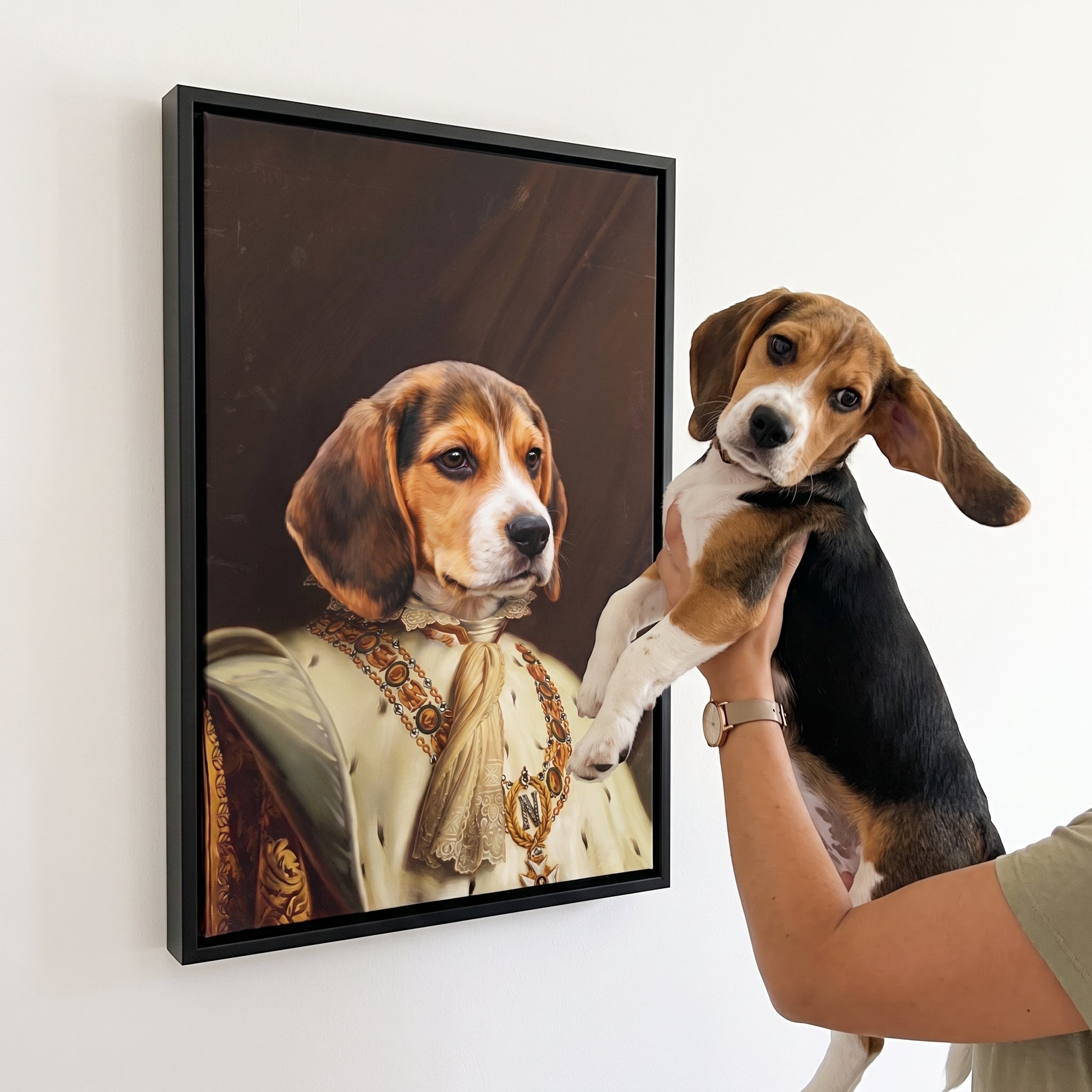 Beagle next to its The Emperor custom pet canvas