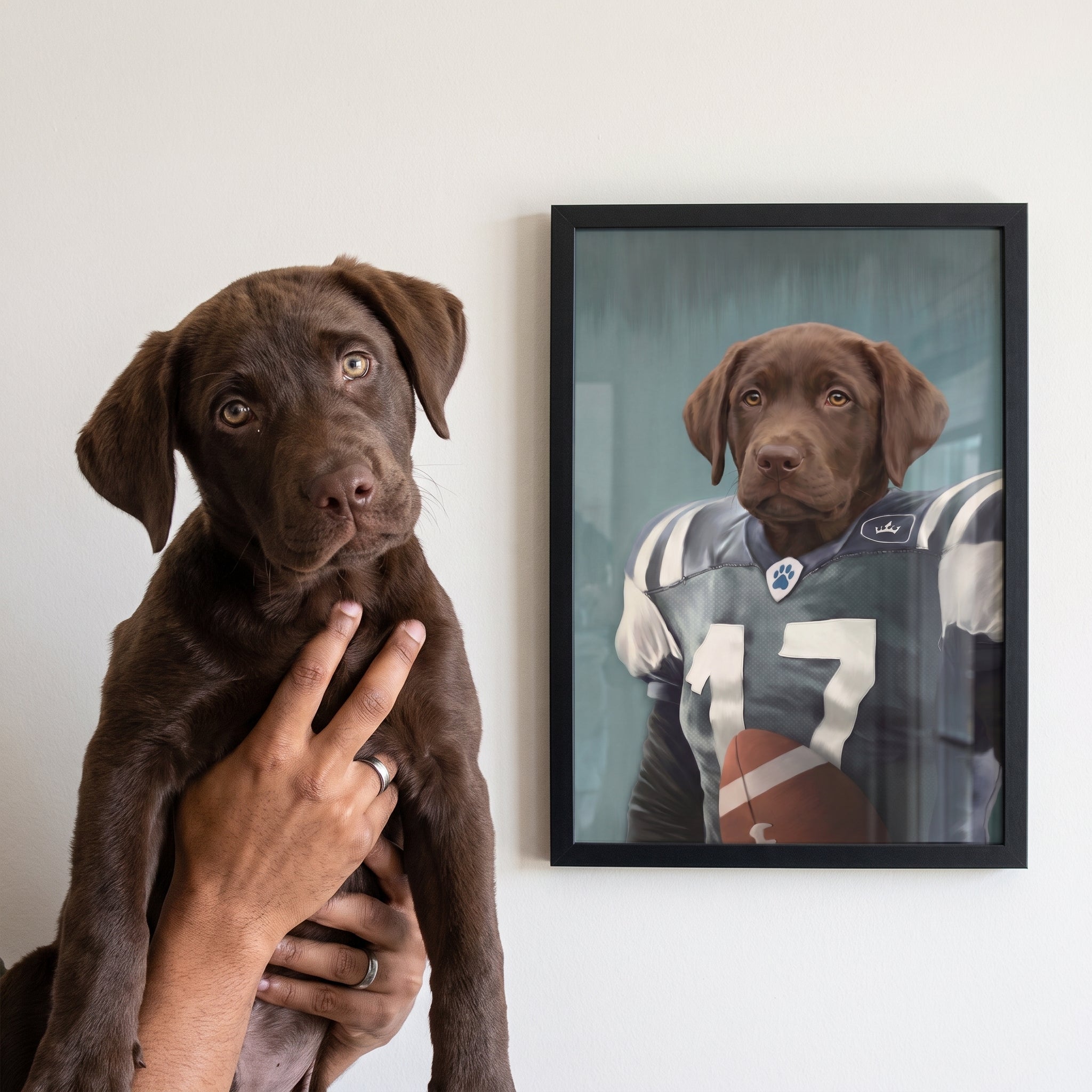 Chocolate labrador next to its The Football Player custom pet poster