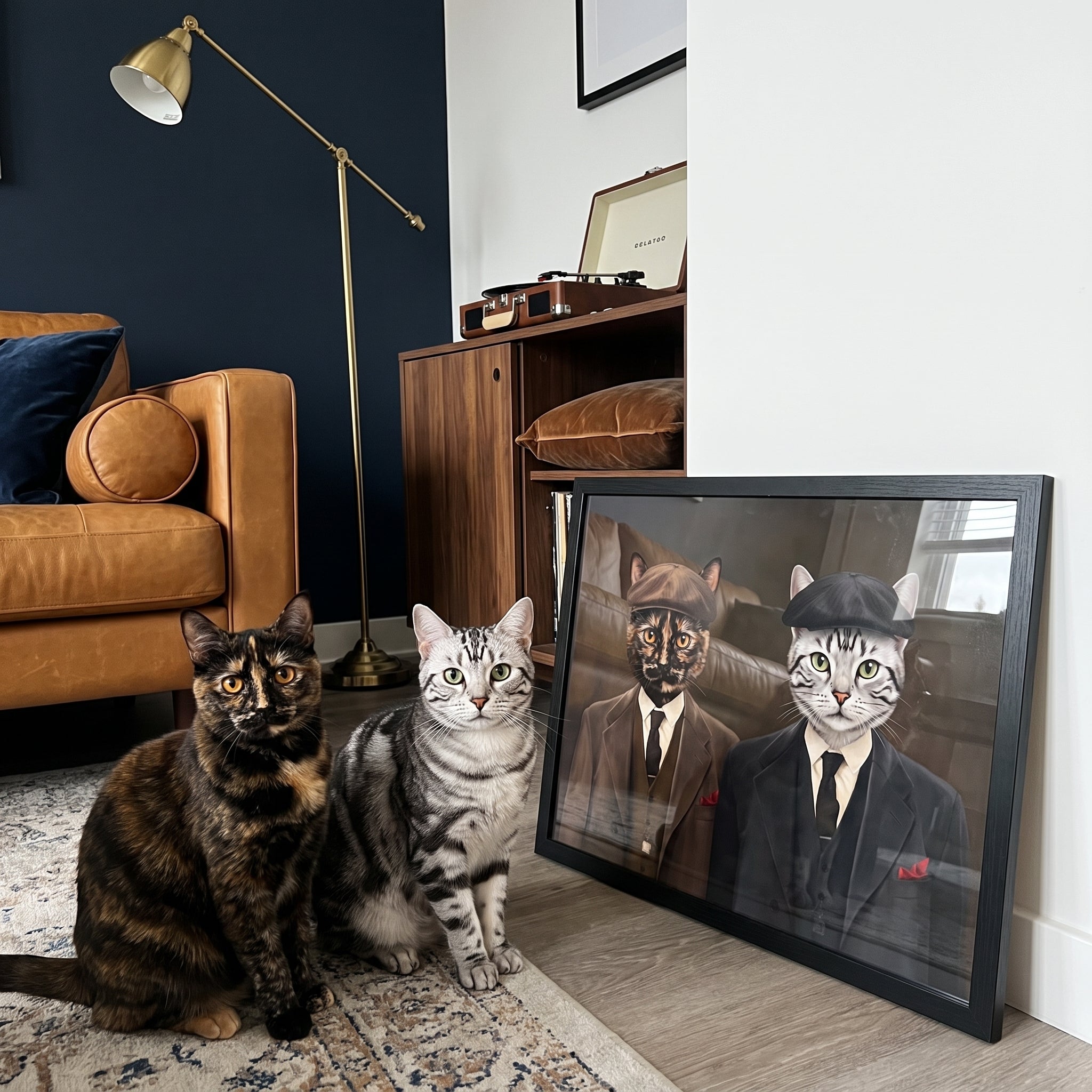 Tortoiseshell cat and silver tabb next to its The Gangster Brothers custom pet poster