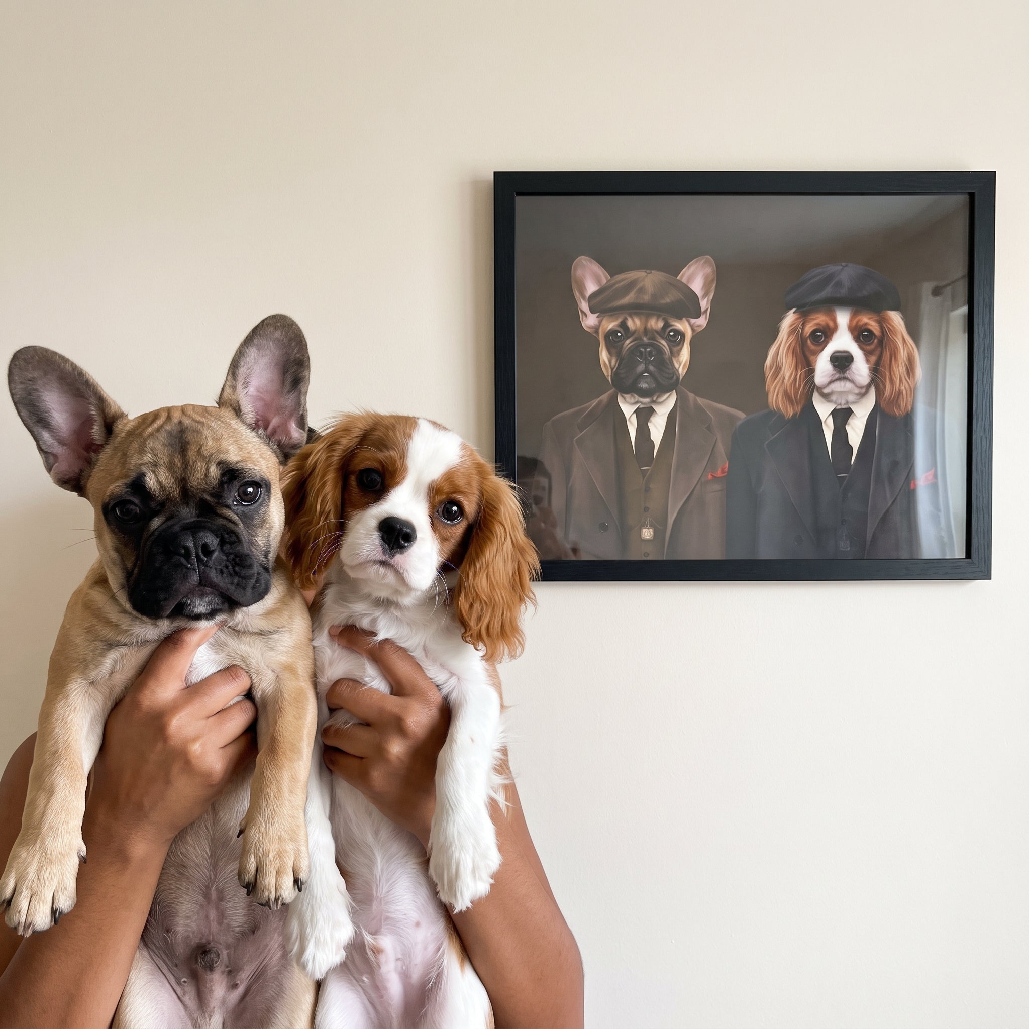 French bulldog and cavalier king  next to its The Gangster Brothers custom pet poster