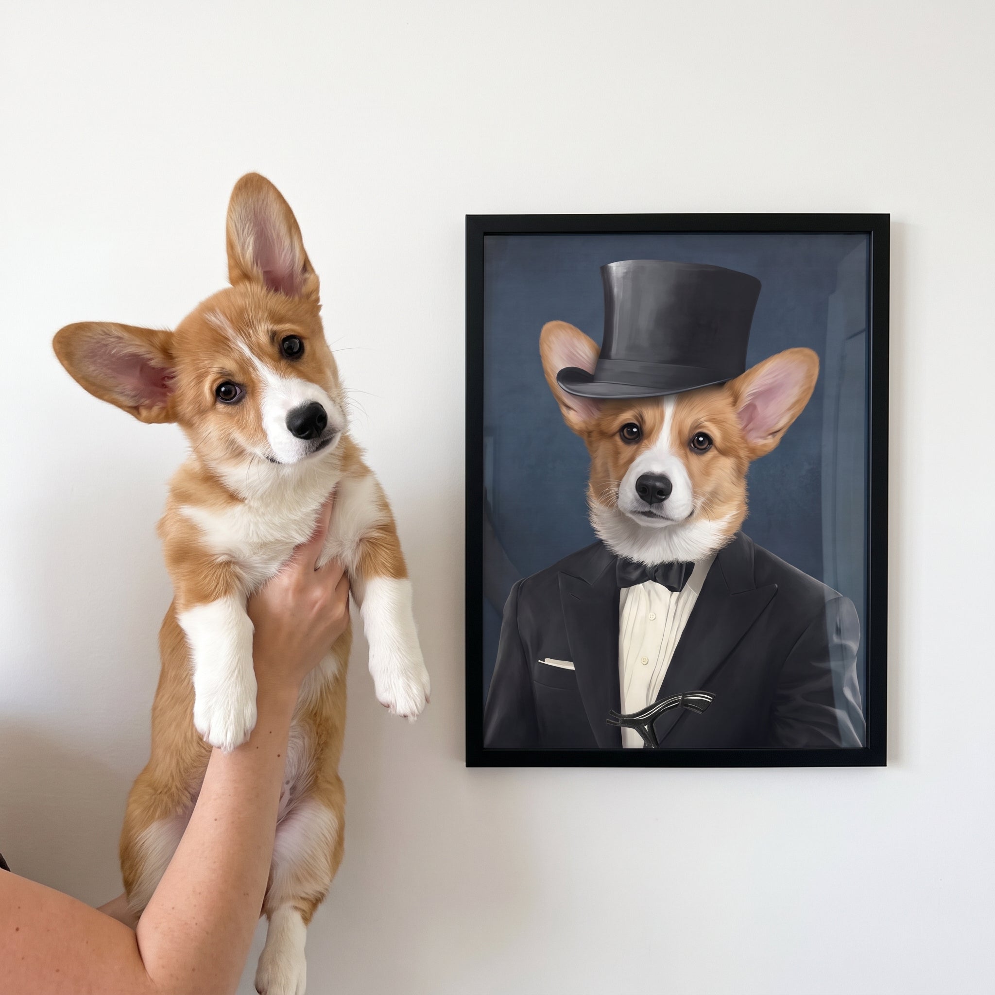 Pembroke welsh corgi next to its The Gentleman custom pet poster