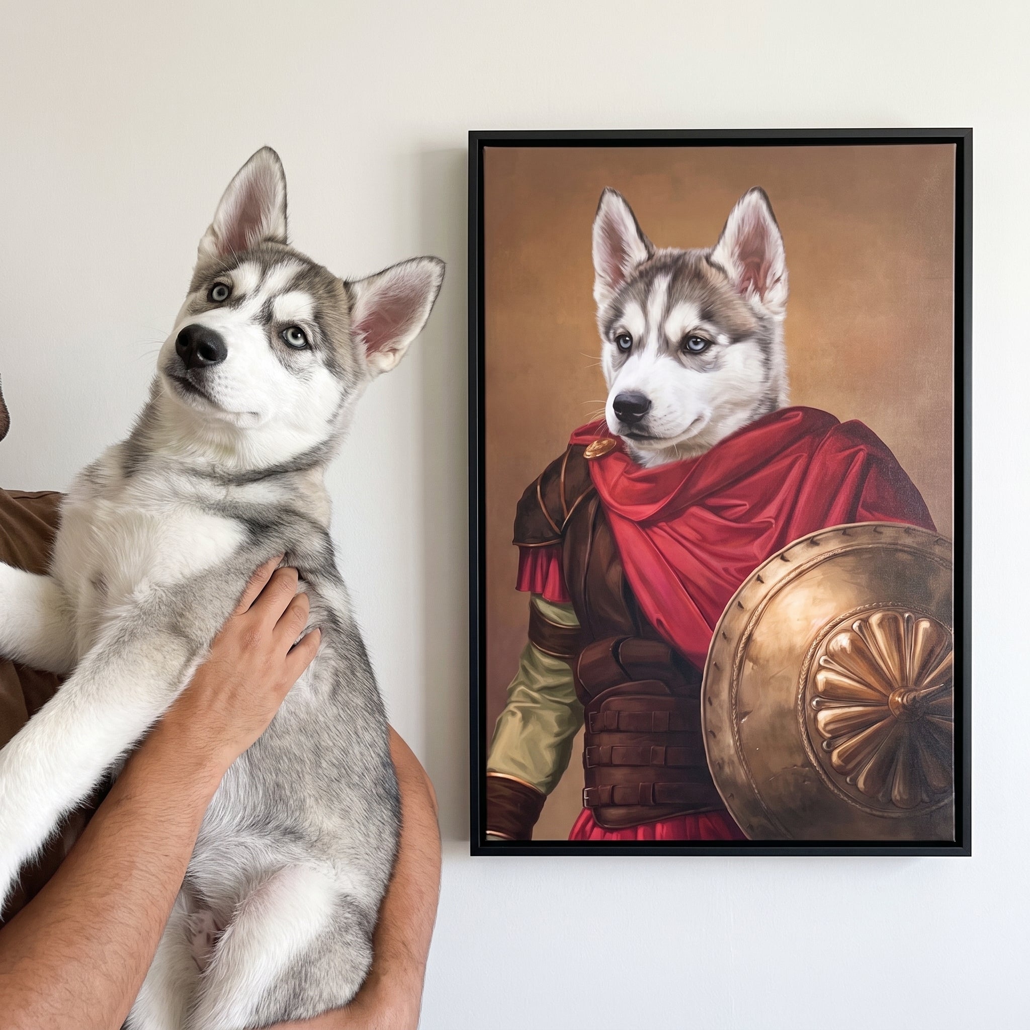 Siberian husky next to its The Gladiator custom pet canvas