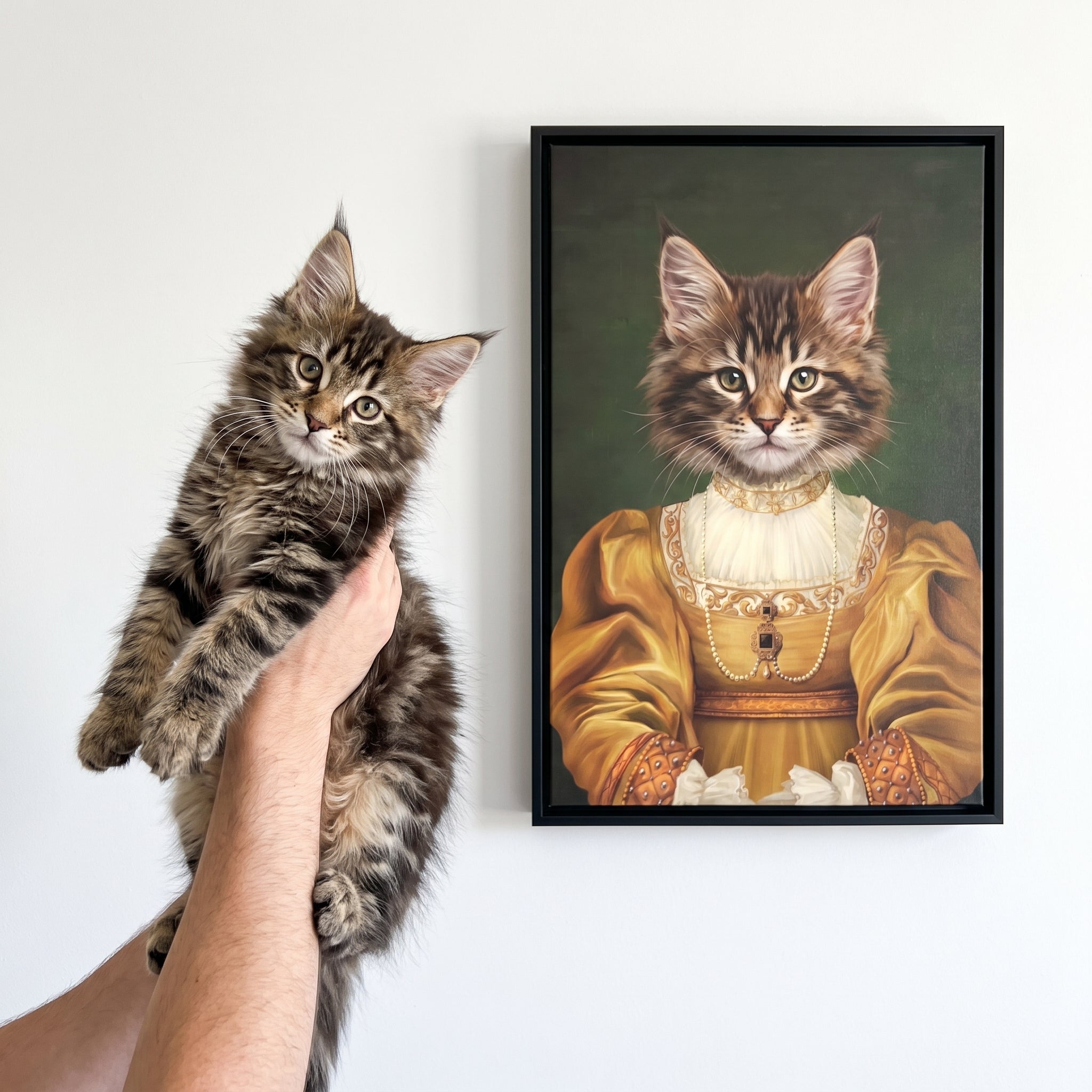 Fluffy maine coon cat next to its The Golden Girl custom pet canvas