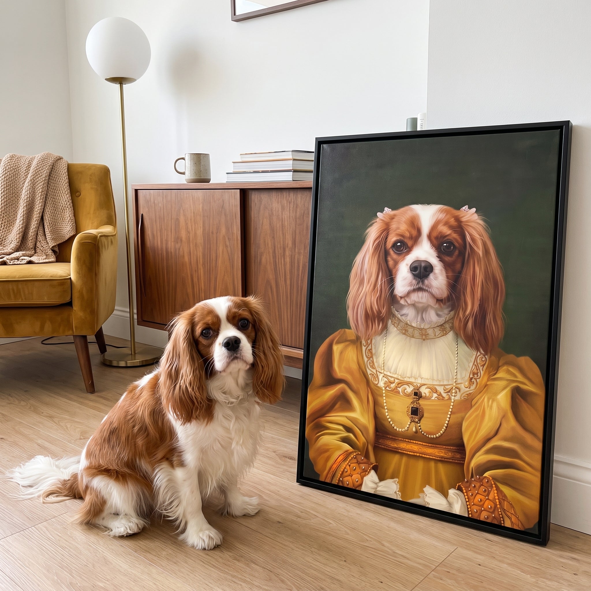 Cavalier king charles spaniel next to its The Golden Girl custom pet canvas