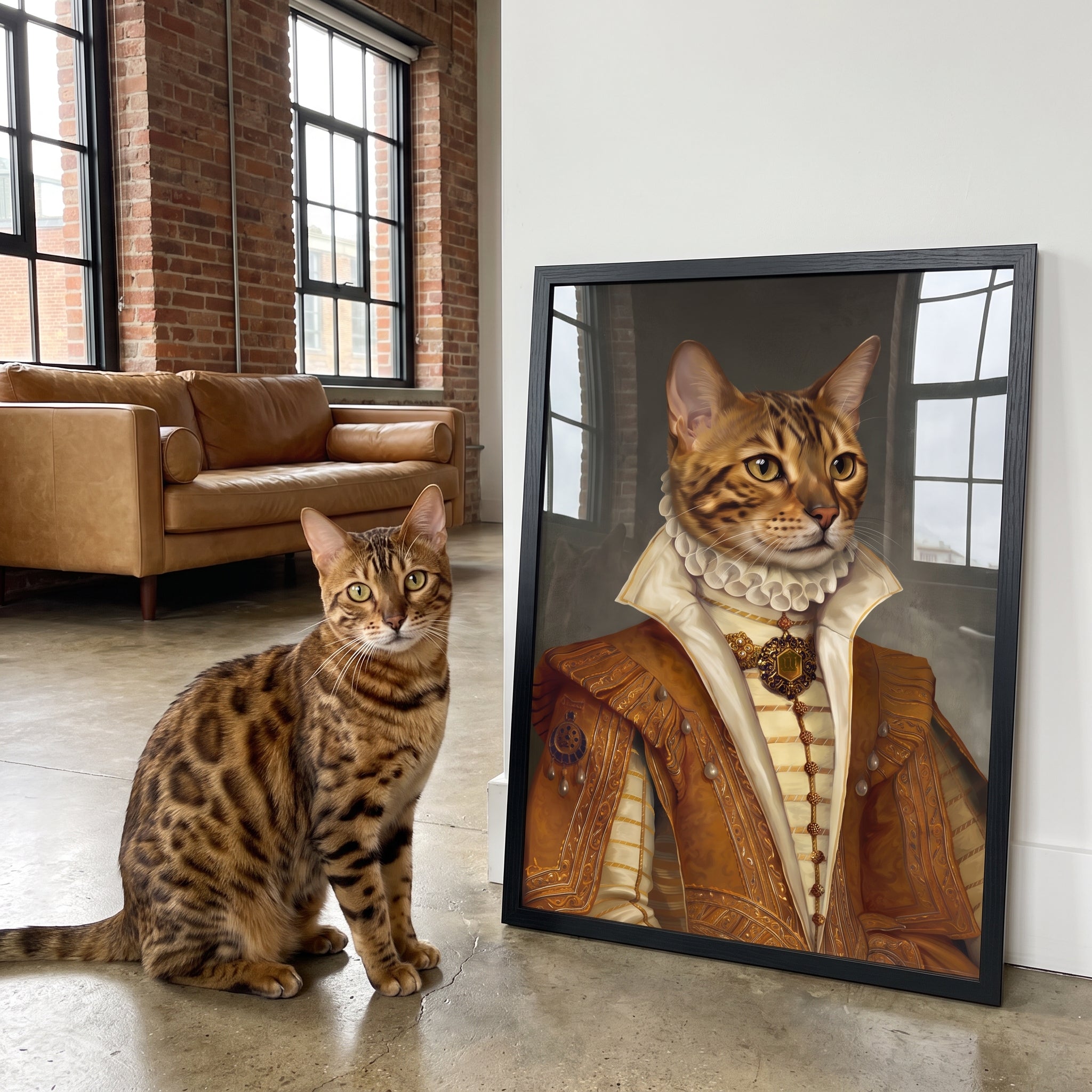 Bengal cat next to its The Golden Princess custom pet poster