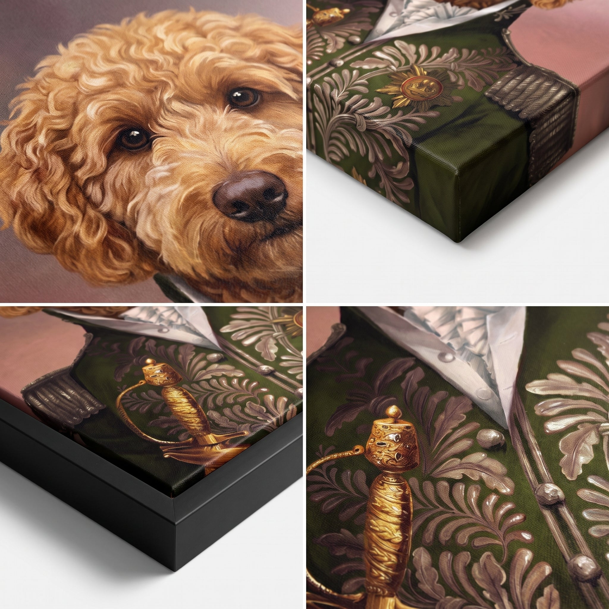Close-up details of The Green General custom pet canvas