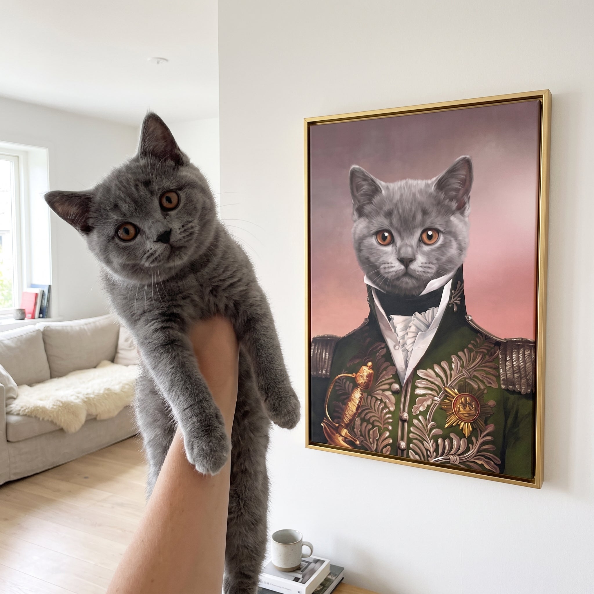Grey british shorthair cat next to its The Green General custom pet canvas