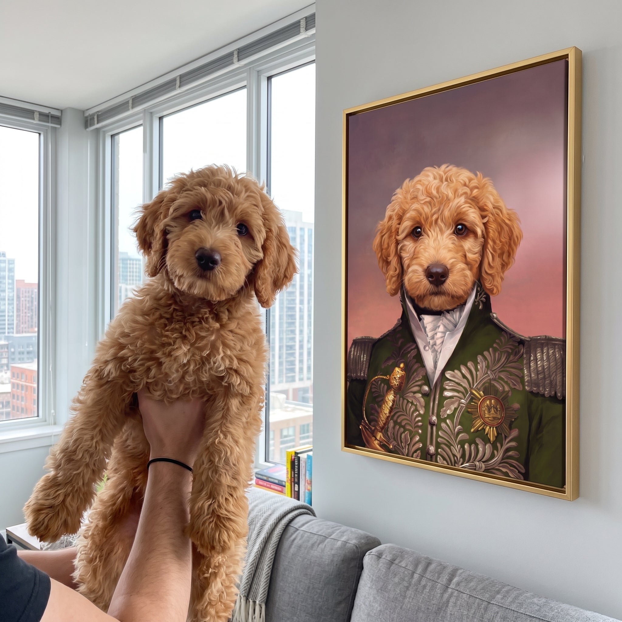 Goldendoodle next to its The Green General custom pet canvas
