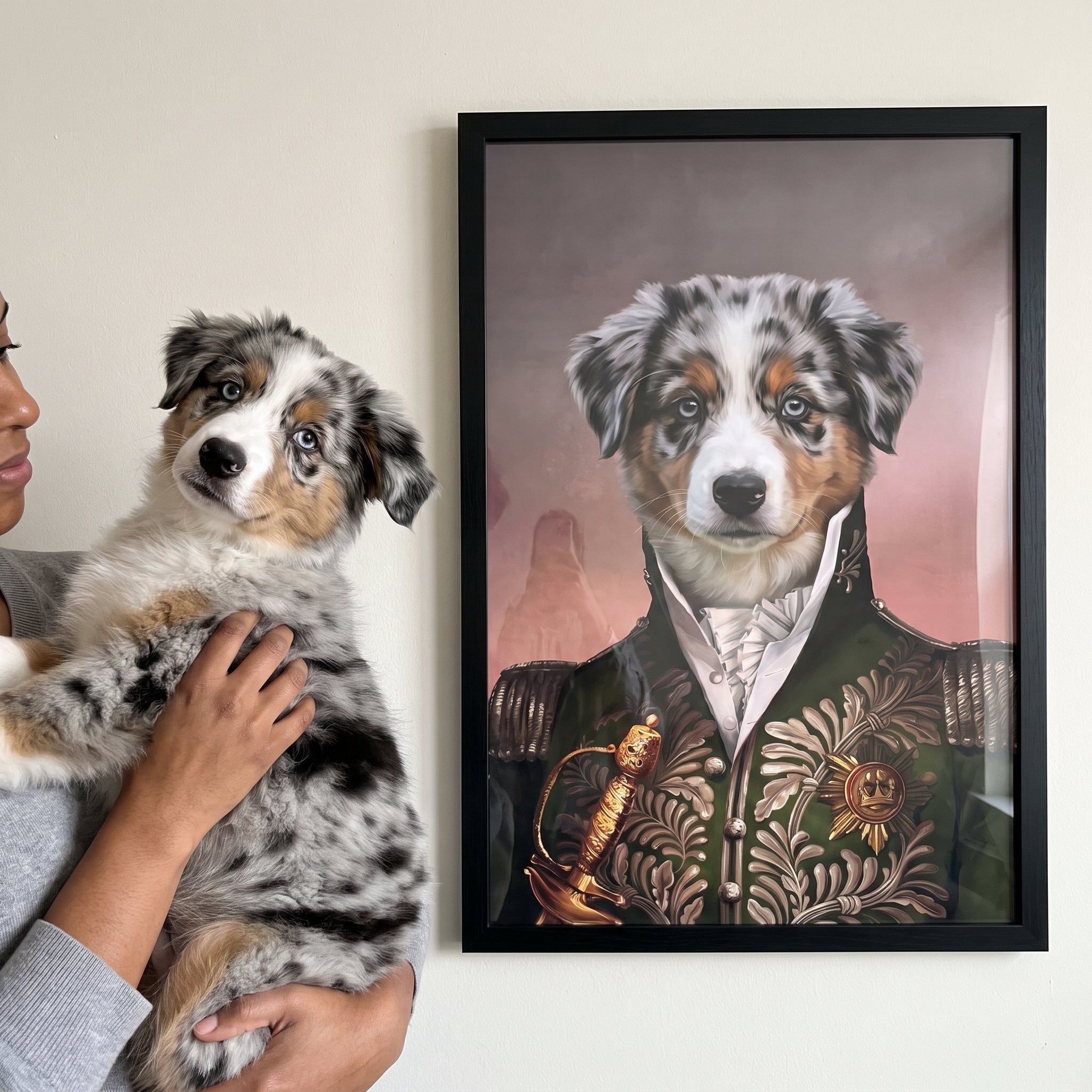Blue merle australian shepherd next to its The Green General custom pet poster