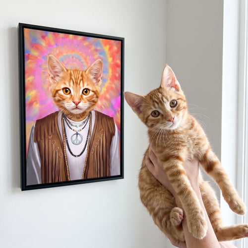 Ginger tabby cat next to its The Hippie custom pet canvas