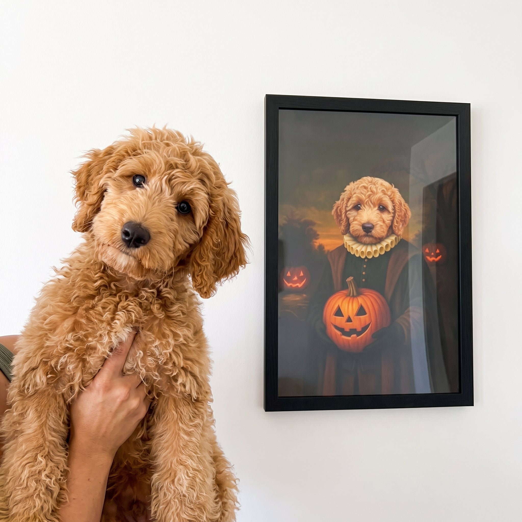 Goldendoodle next to its The Howloween Renaissance custom pet poster