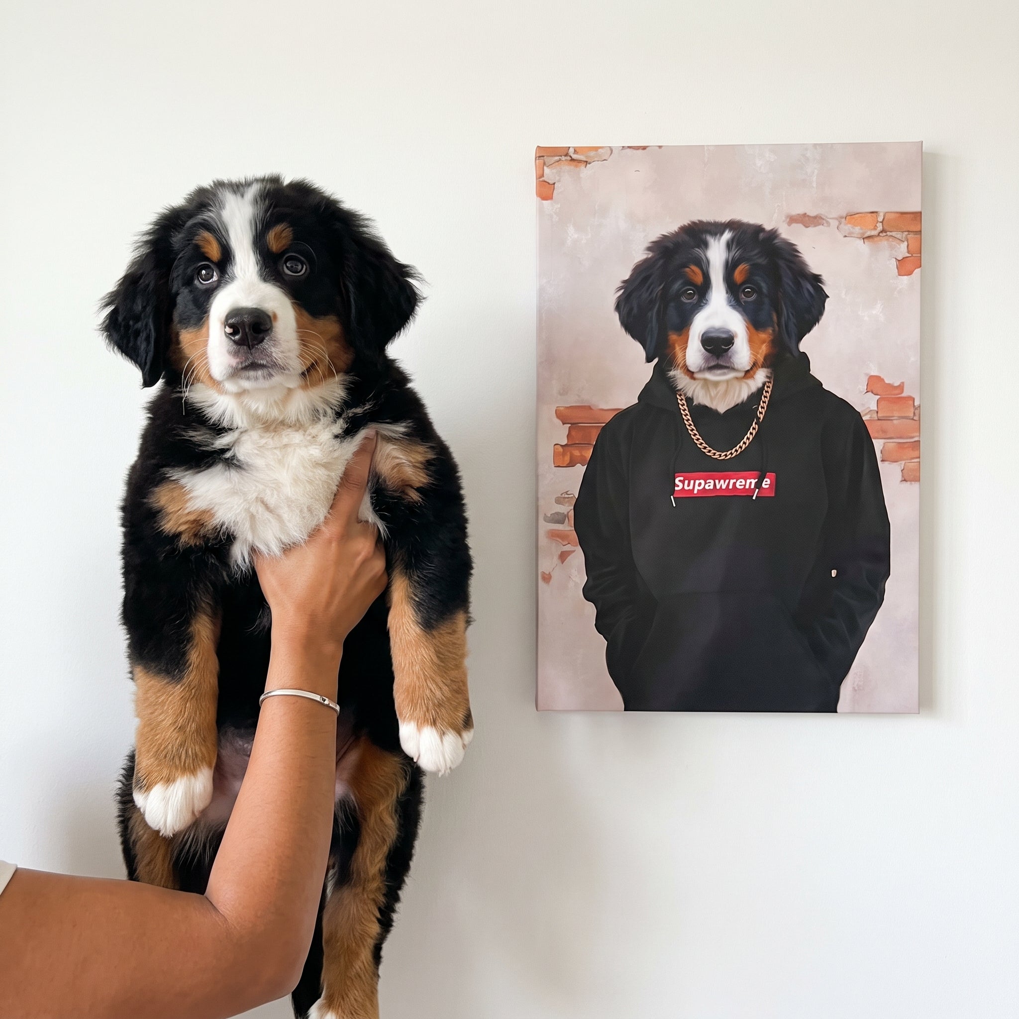Bernese mountain dog next to its The Hypebeast custom pet canvas