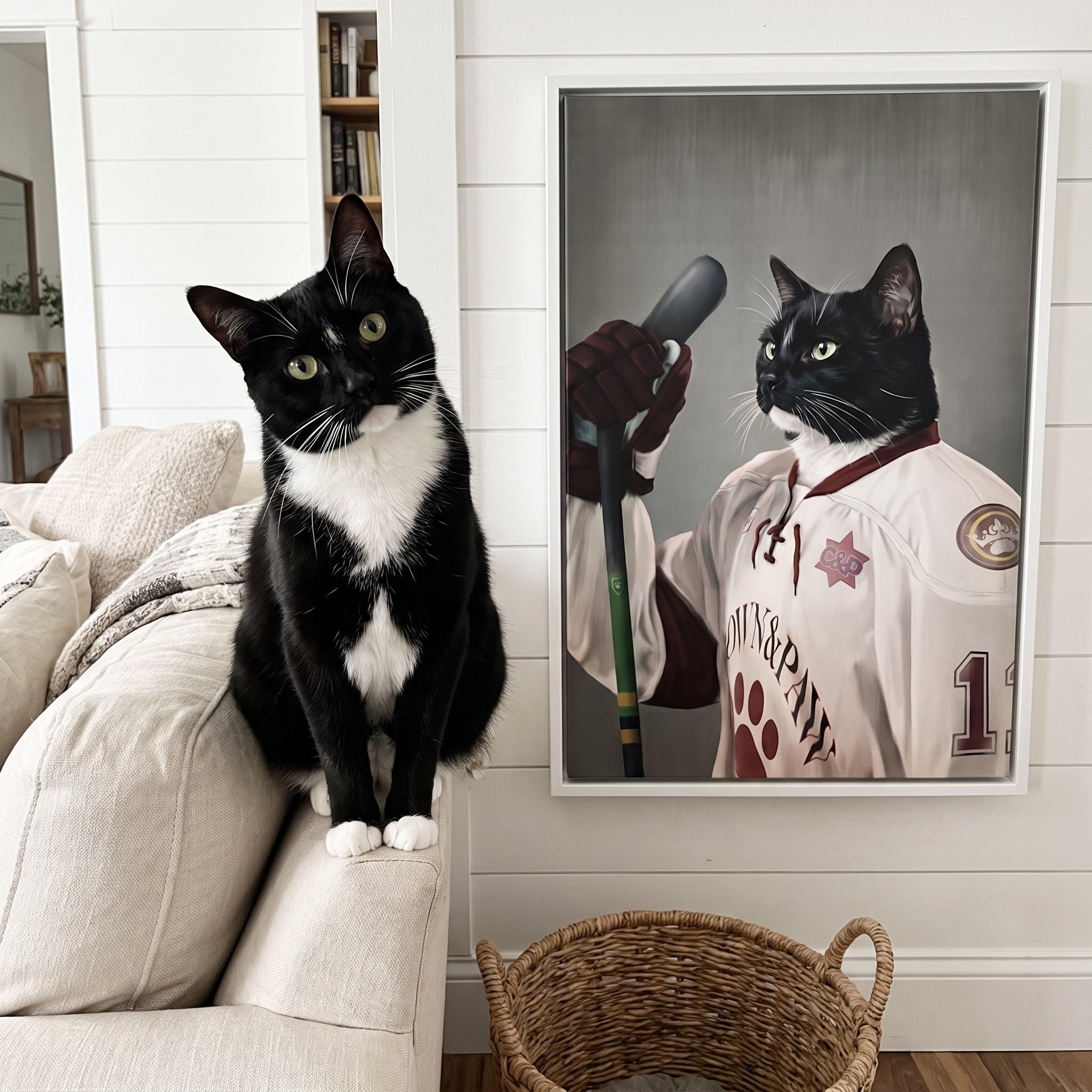 Tuxedo cat next to its The Ice Hockey Player custom pet canvas