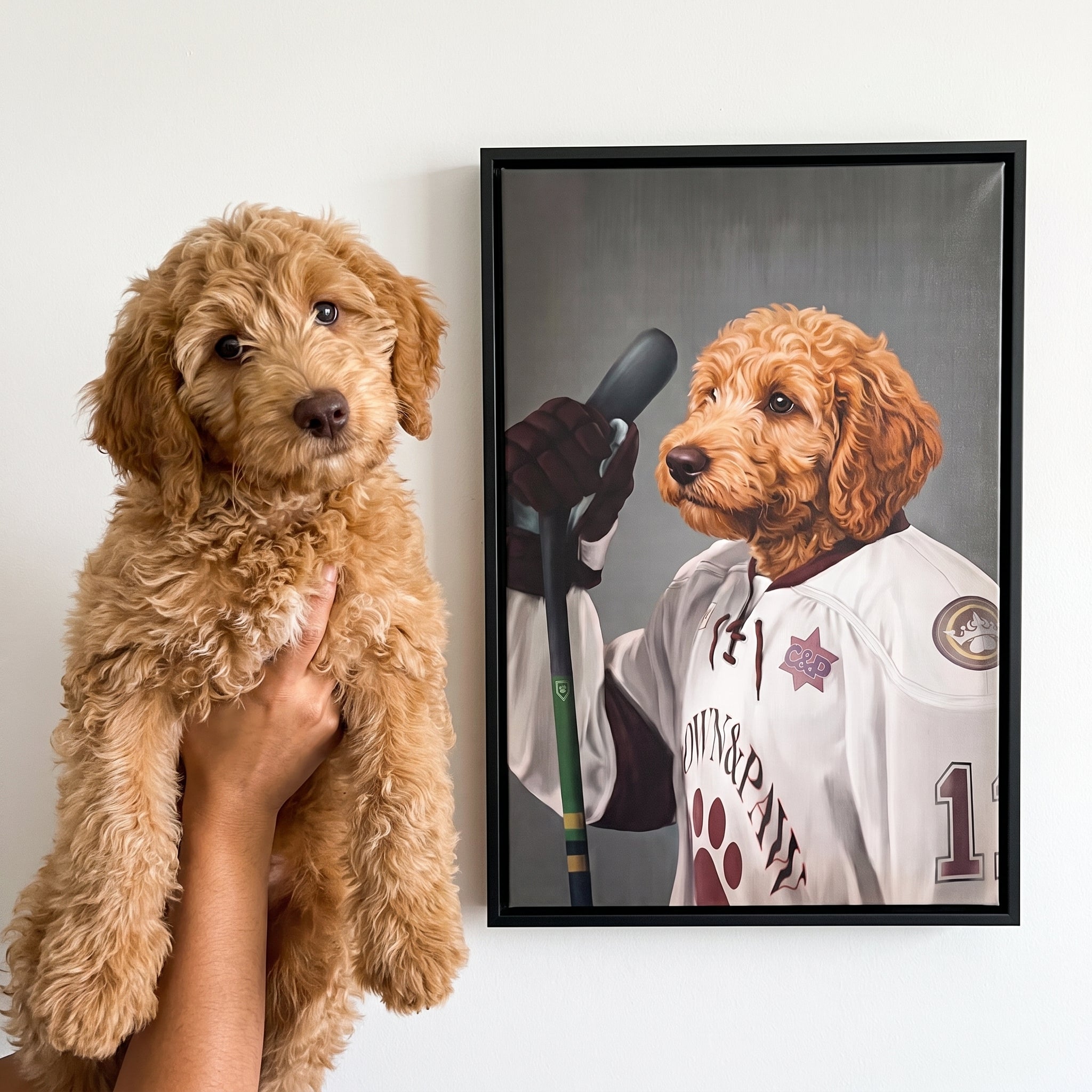 Goldendoodle next to its The Ice Hockey Player custom pet canvas