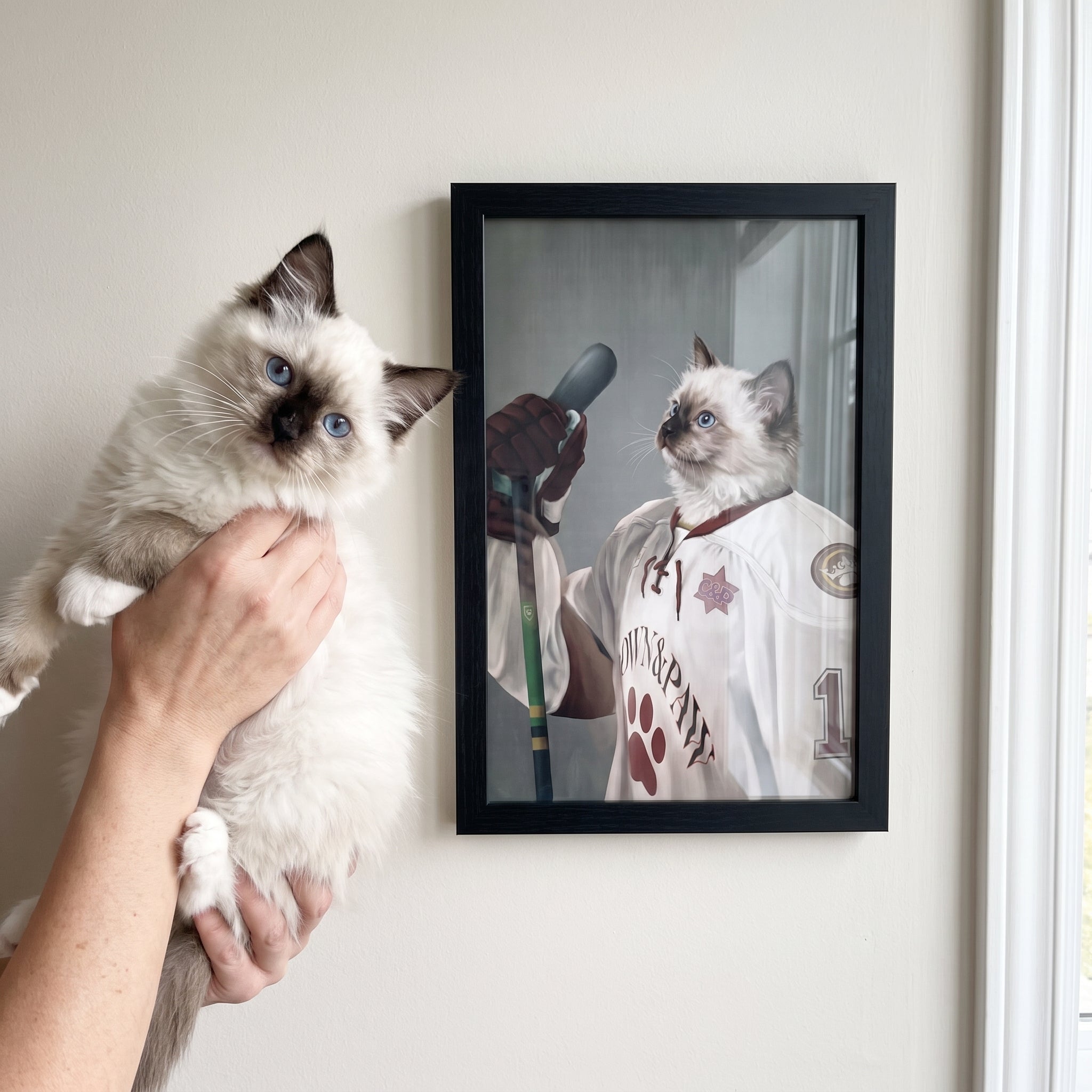 White ragdoll cat next to its The Ice Hockey Player custom pet poster