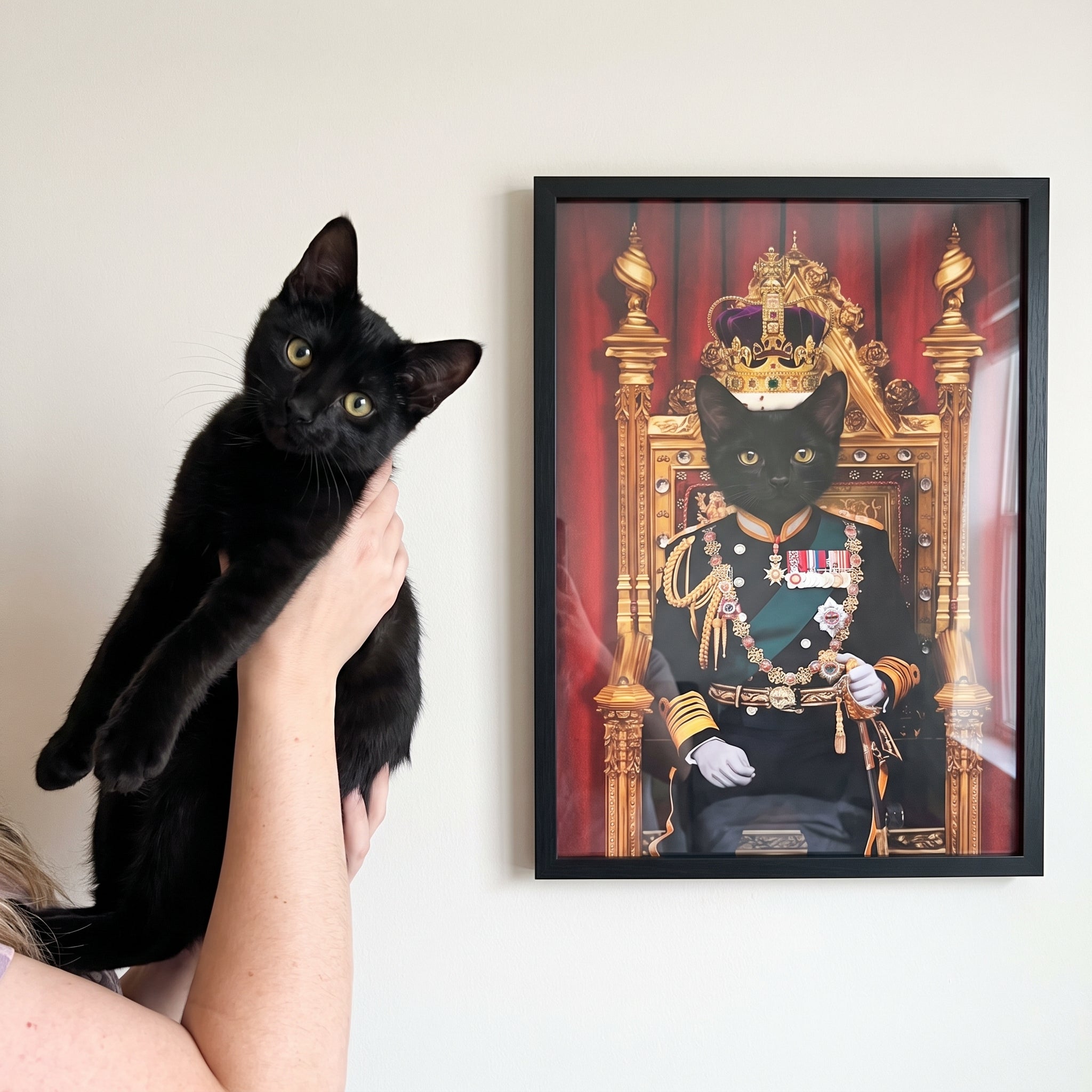 Black cat next to its The King custom pet poster