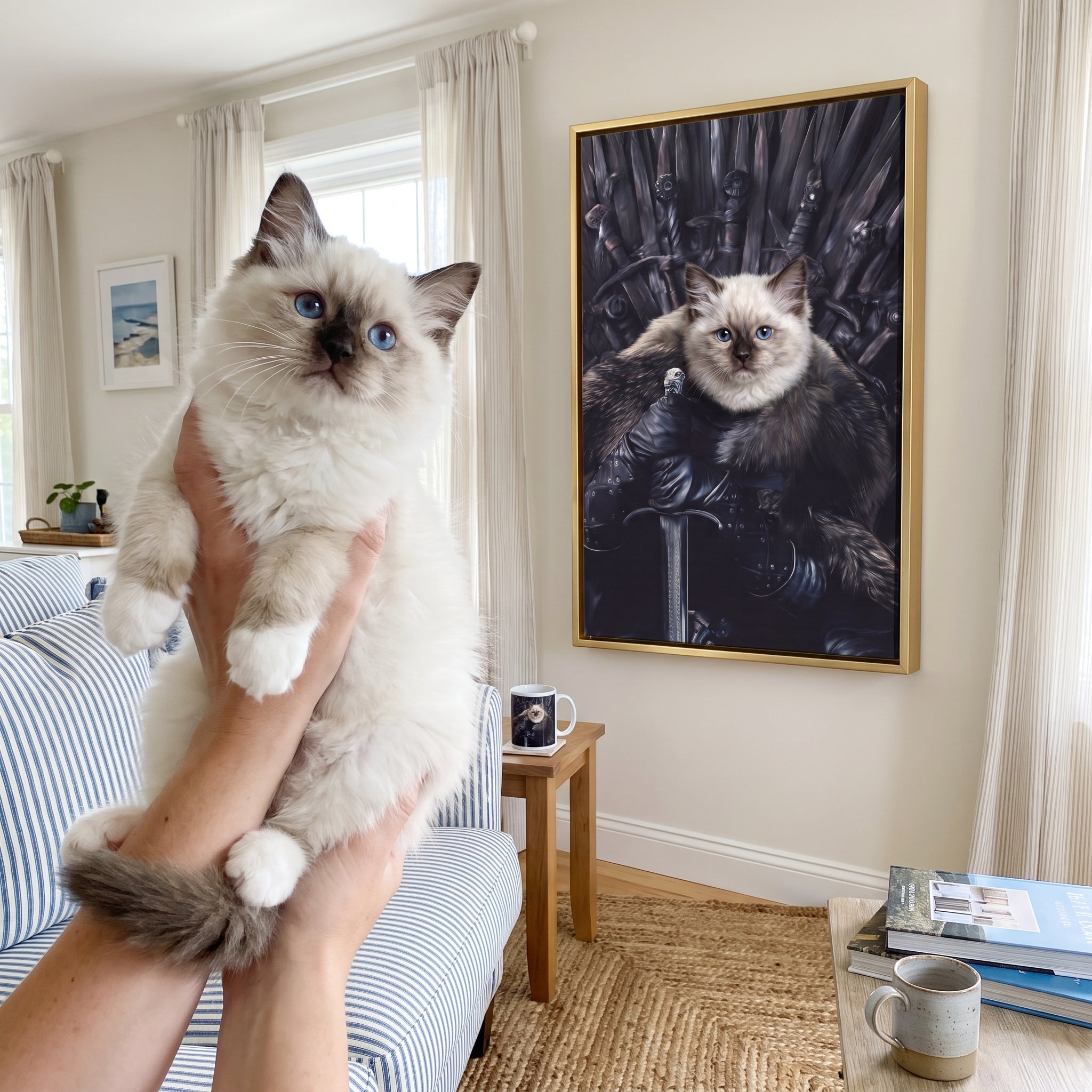 White ragdoll cat next to its The King in the North custom pet canvas