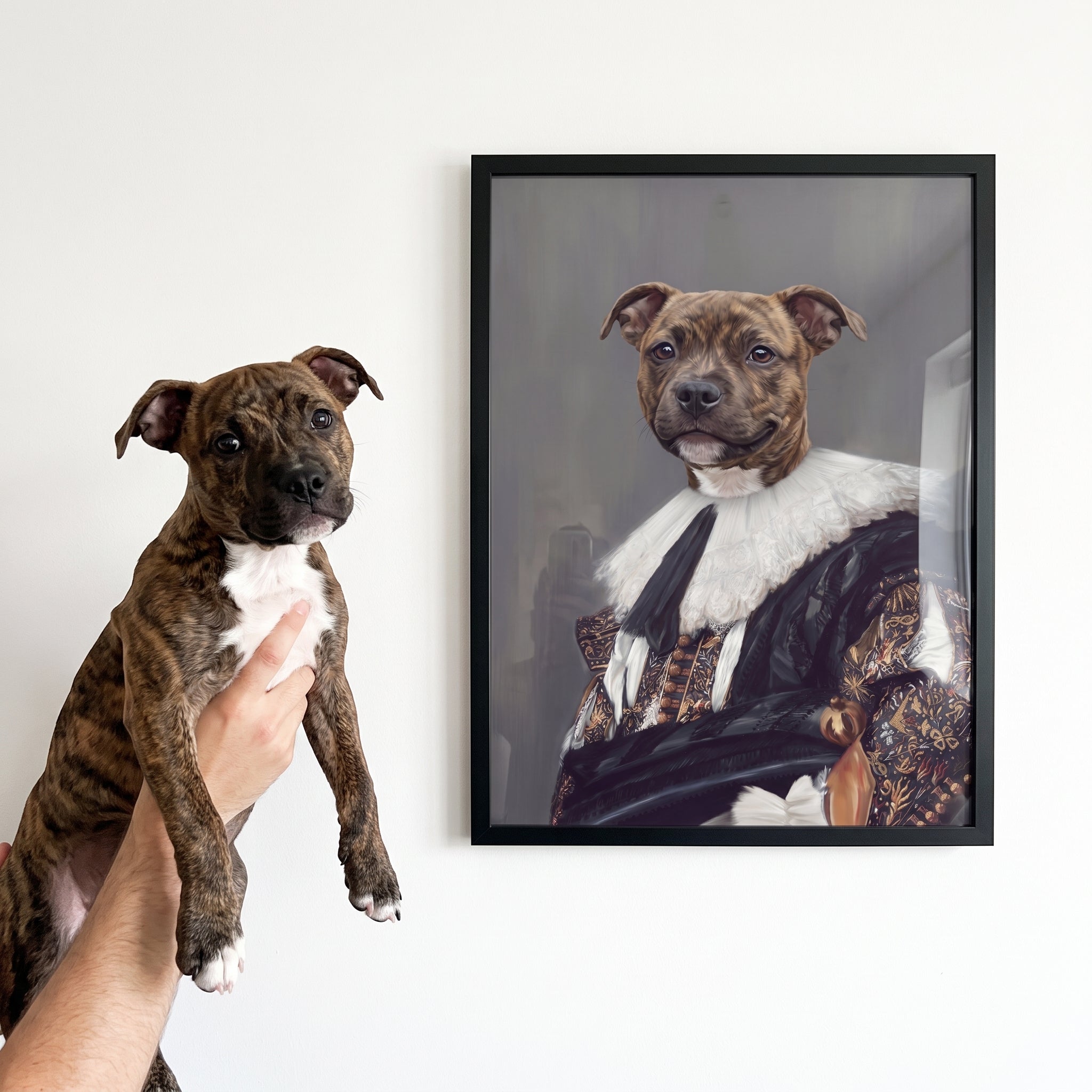 Staffordshire bull terrier next to its The Laughing Cavalier custom pet poster