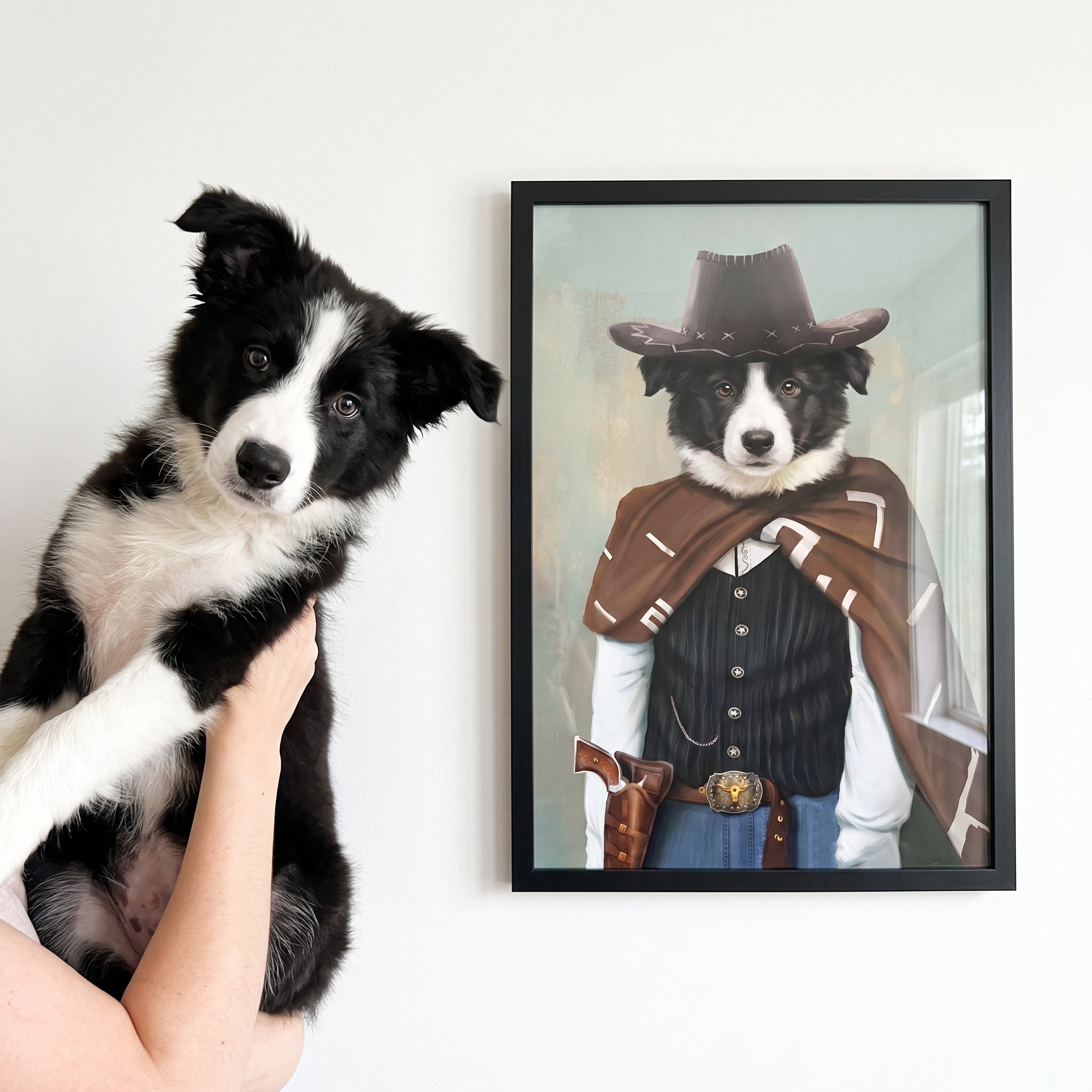 Border collie next to its The Lone Ranger custom pet poster