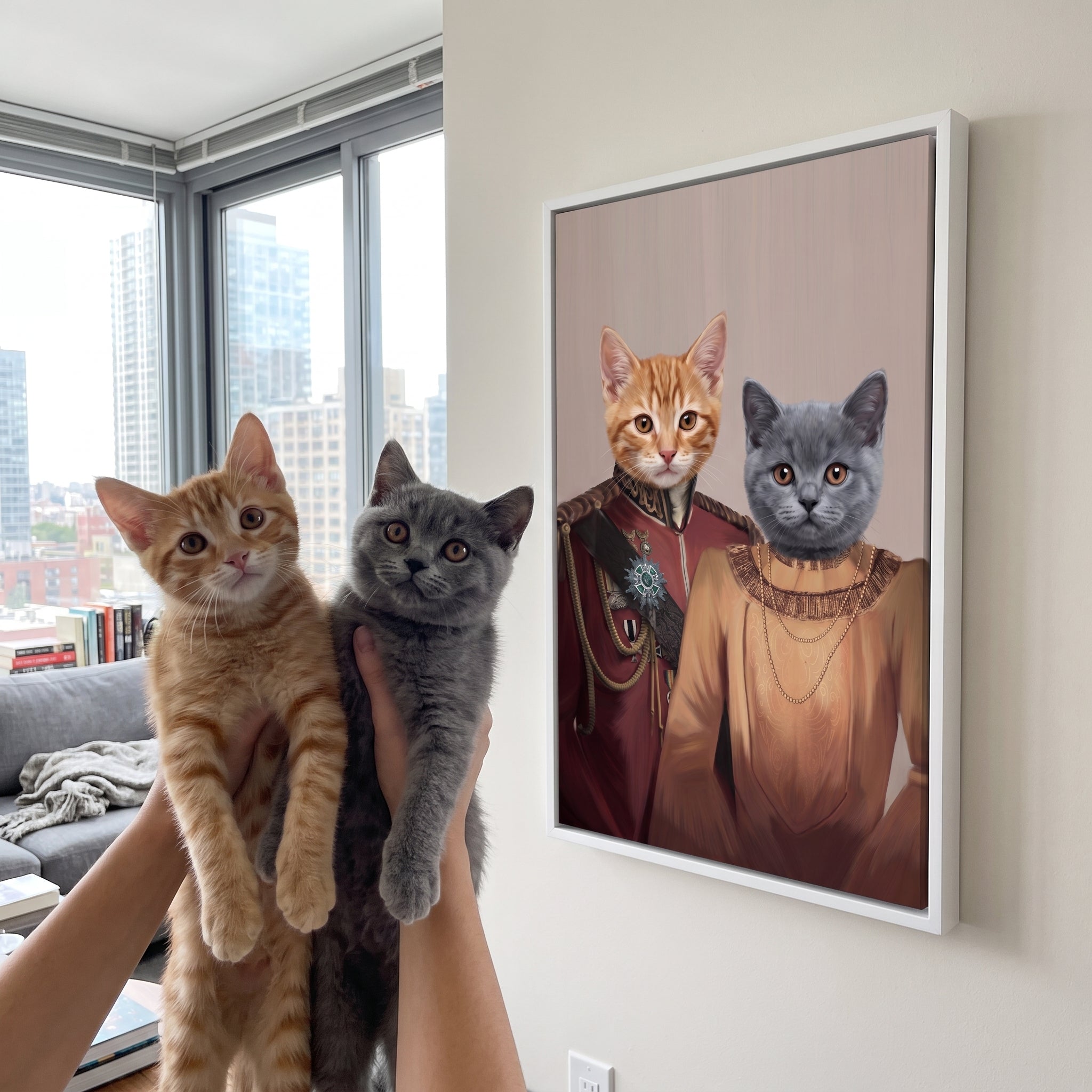 Ginger tabby cat and grey british sho next to its The Lord And Lady custom pet canvas
